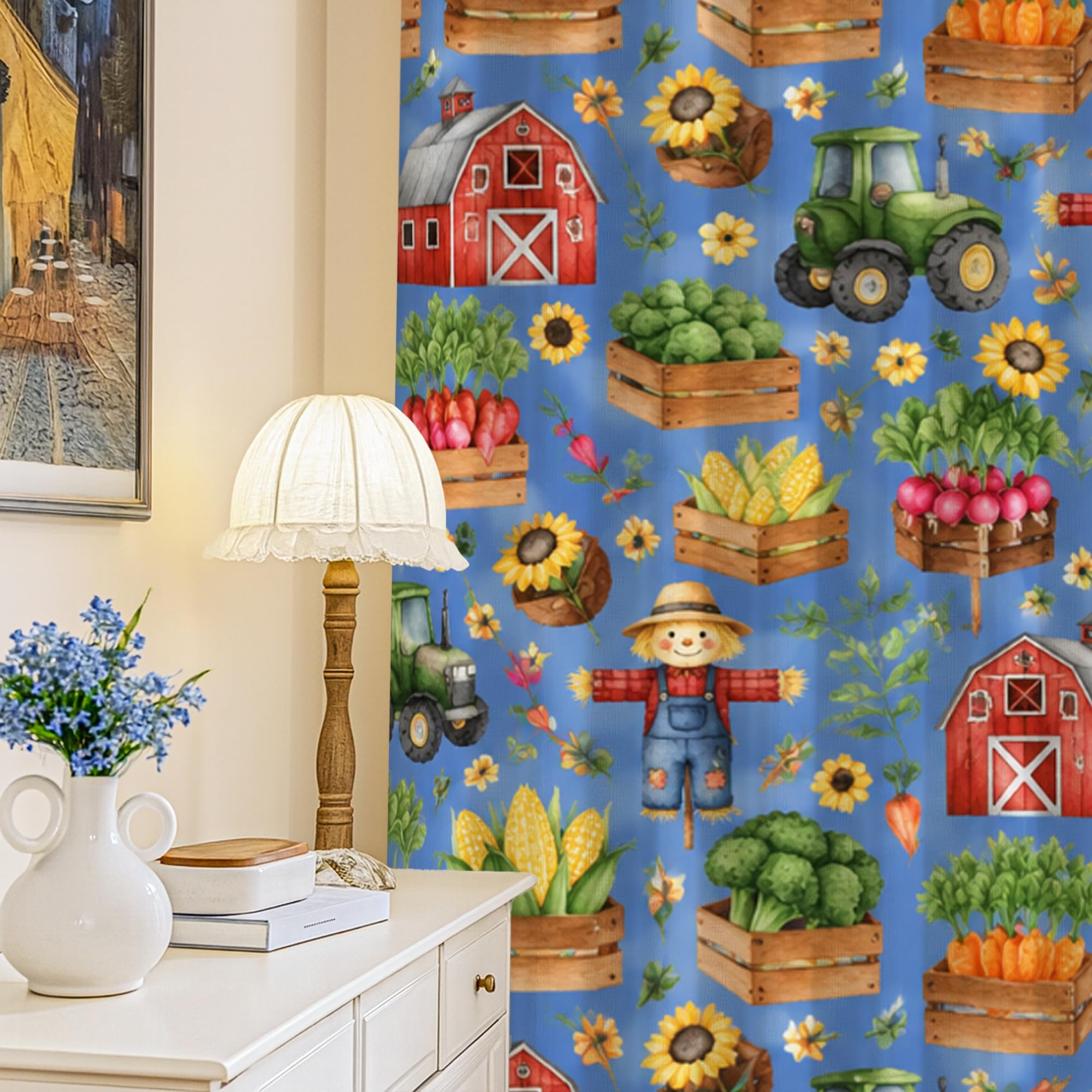 Rideau occultant tracteur bleu 132x241 cm pour salon rustique