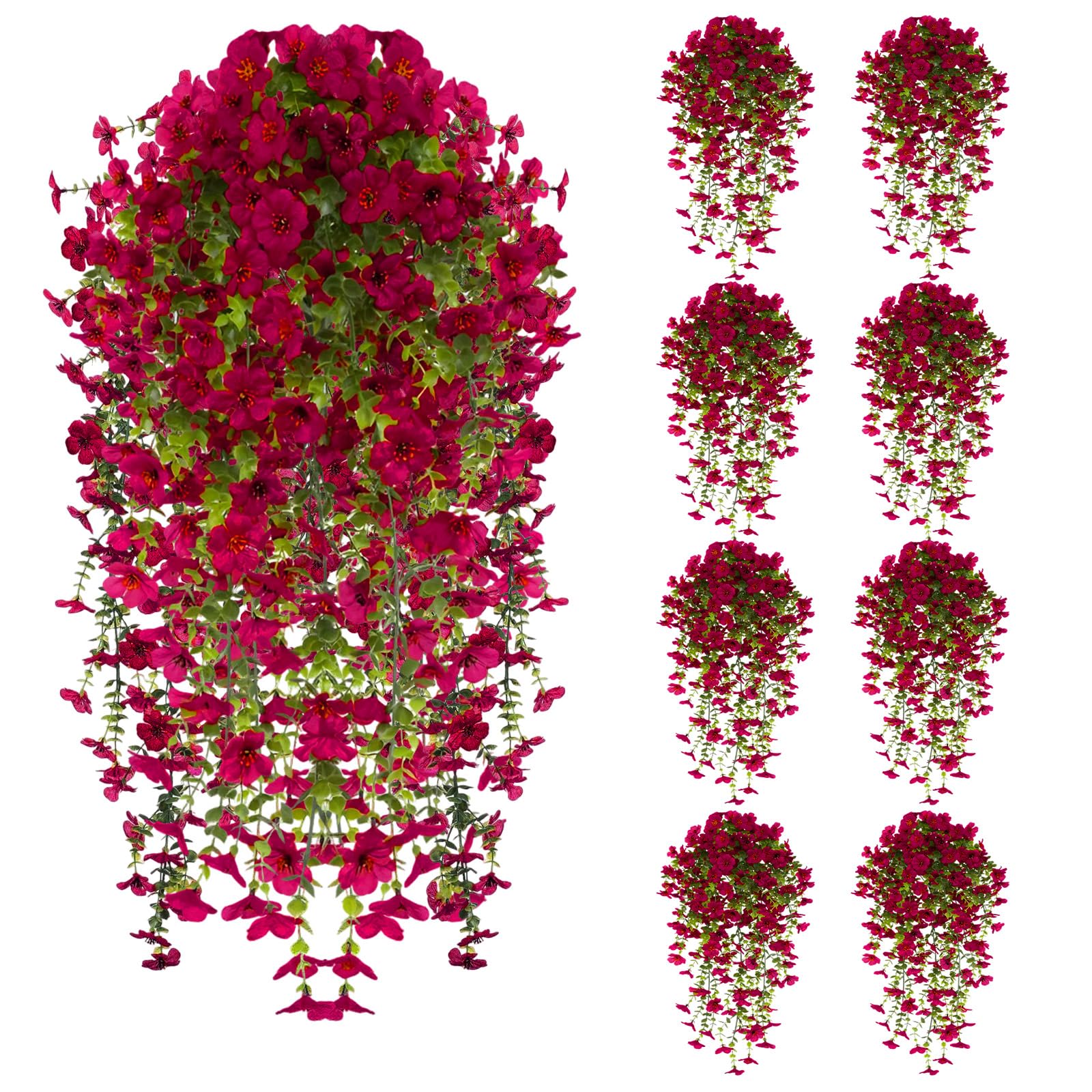 8PCS Artificial Hanging Flowers Fake Plants Outdoor, Faux Silk Violet Vine Flower for Outdoor Indoor Decor, UV Resistant Realistic Hanging Petunias Plants for Porch Home Patio Balcony Yard Rose Red