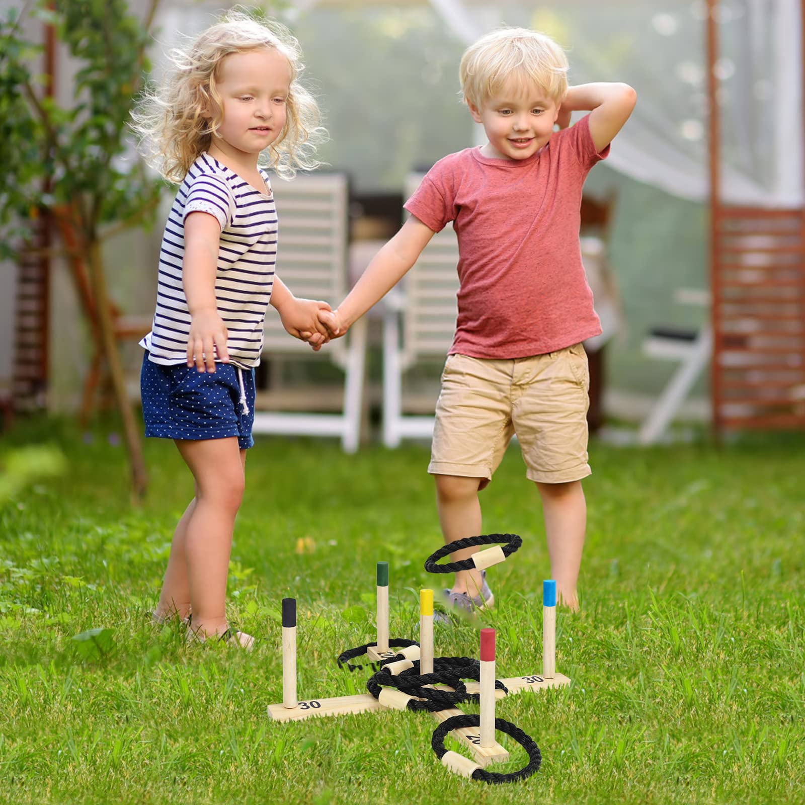 Jeu de lancer d'anneaux en bois avec 5 anneaux en nylon et 5 barres colorées, amusant pour enfants et adultes