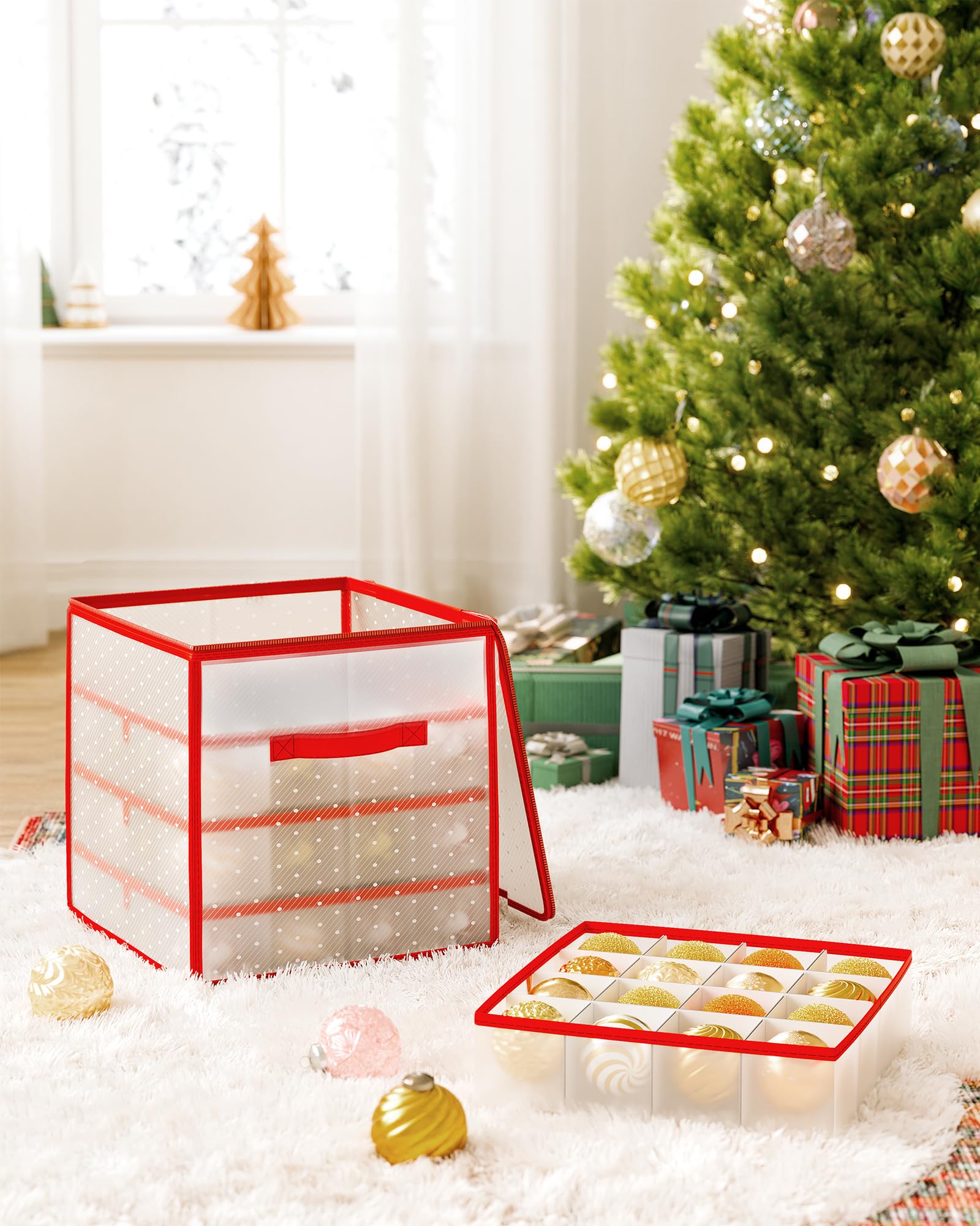 SONGMICS Contenitore per Palline di Natale, Scatola per Decorazioni Natalizie, 64 Posti da 7,6 cm, Vassoi Rimovibili, 33,5 x 33,5 x 34 cm, Rosso Ciliegia RFB029T03