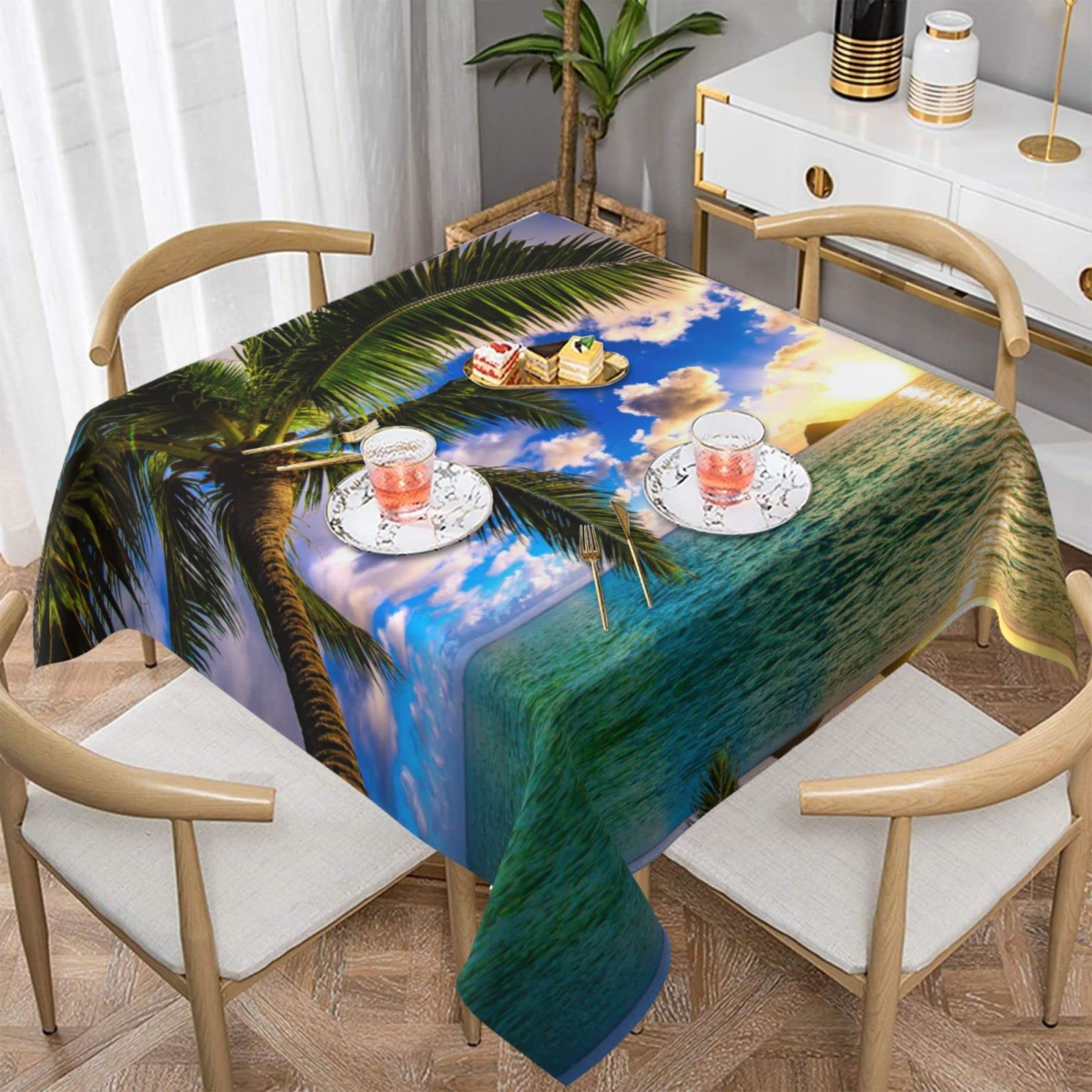 Lawenp Beautiful Sunrise Ocean Square Wrinkle-Free Table Cloth Cover Table Decorative for Wedding Dinning Party Banquet Tabletop