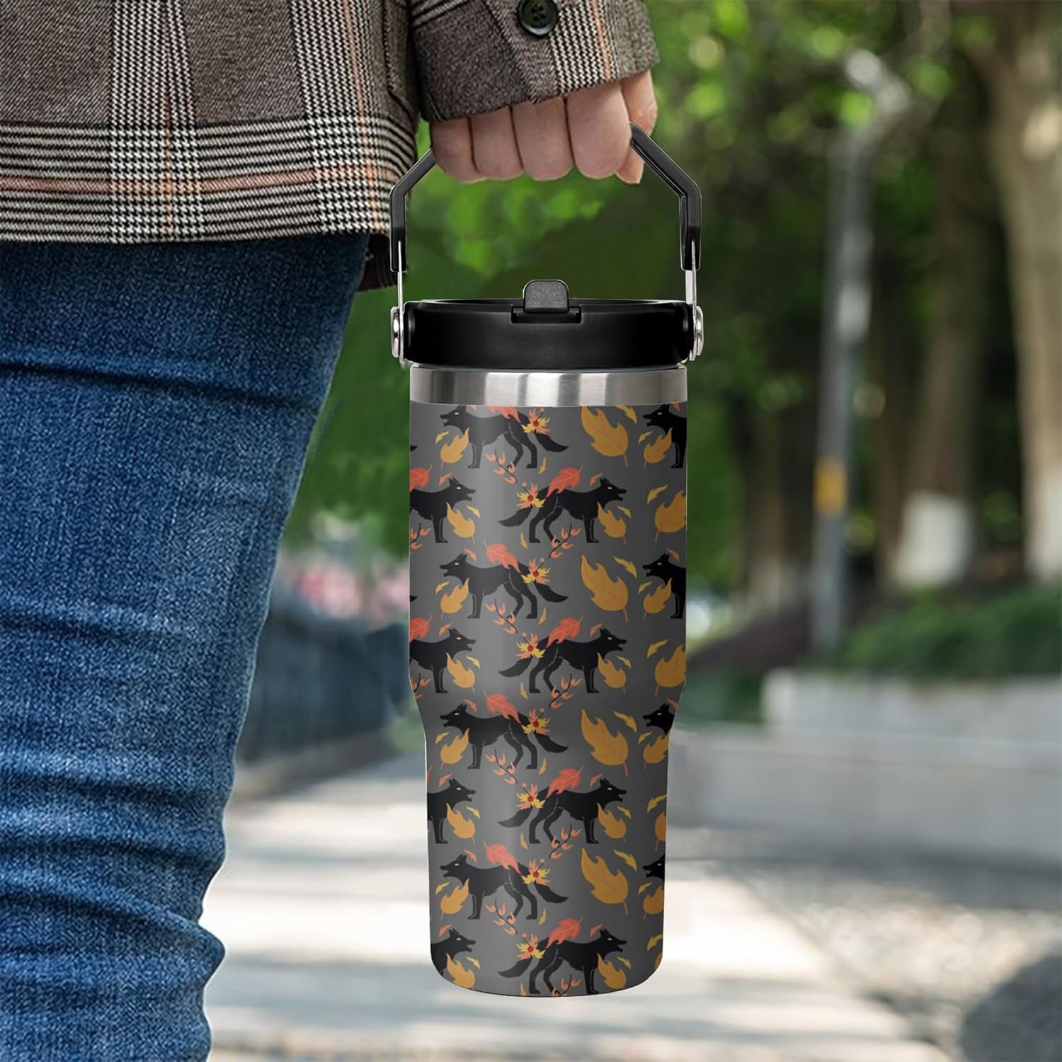 30oz Wolf Tumbler with Handle and Flip Straw, Stainless Steel Insulated Cup, Travel Coffee Mug Water Bottle, Birthday Mothers Day Chritmas Gifts for Women Animal Lovers - Image 6