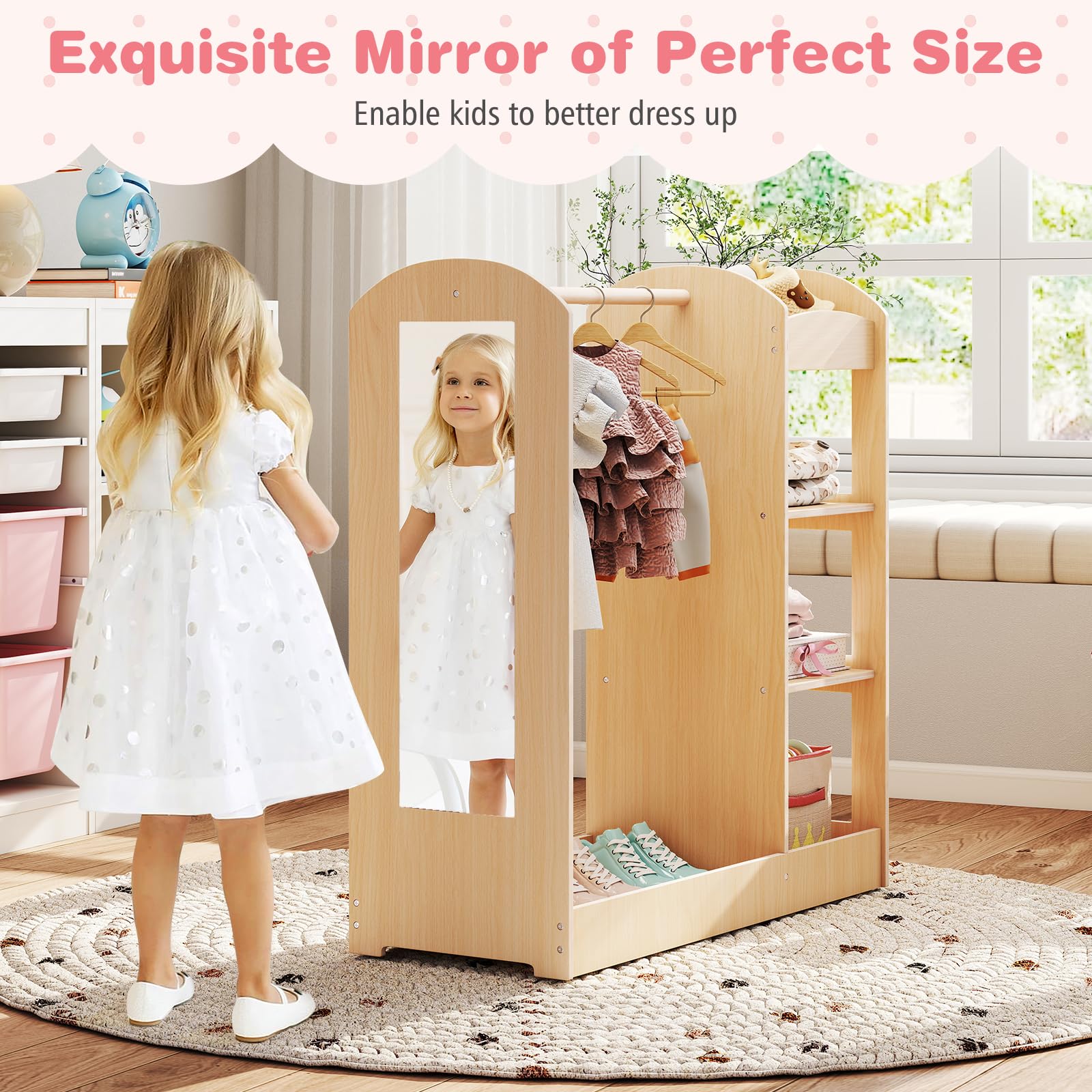 FANTASK Kindergarderobe Kleiderständer, Holz Kleiderschrank mit Spiegel sowie 4 Ablagen Kleiderbügel, multifunktionales Kinder Garderobenregal für Kinderzimmer Spielzimmer, Natur