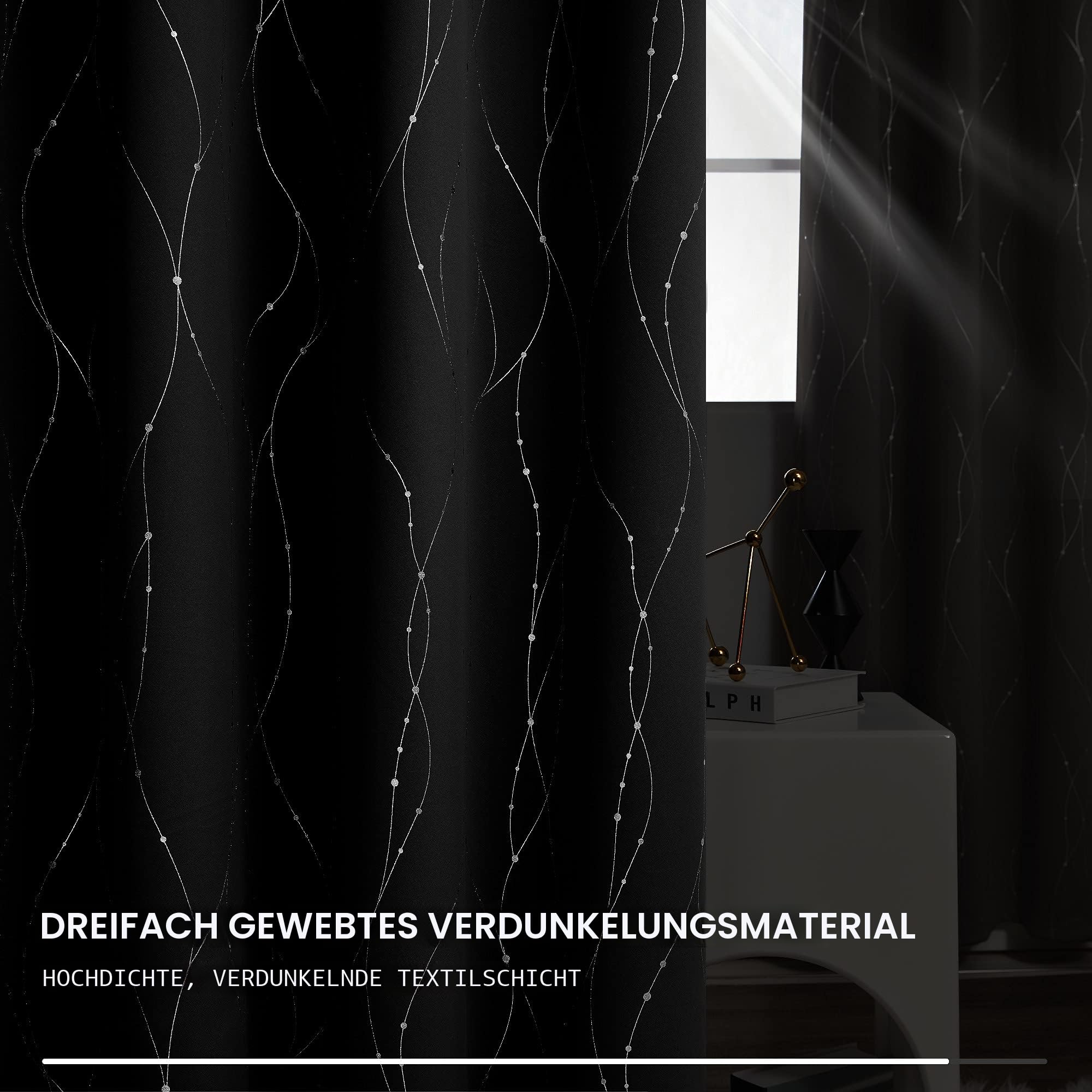 Deconovo Verdunkelungsgardinen mit Ösen Dicke Thermogardine Kälteschutz warm Hitzeschutz, Moderne Vorhänge, Wohnzimmer Gardinen mit Muster, 260x140 cm(HöhexBreite), Schwarz, 2er Set
