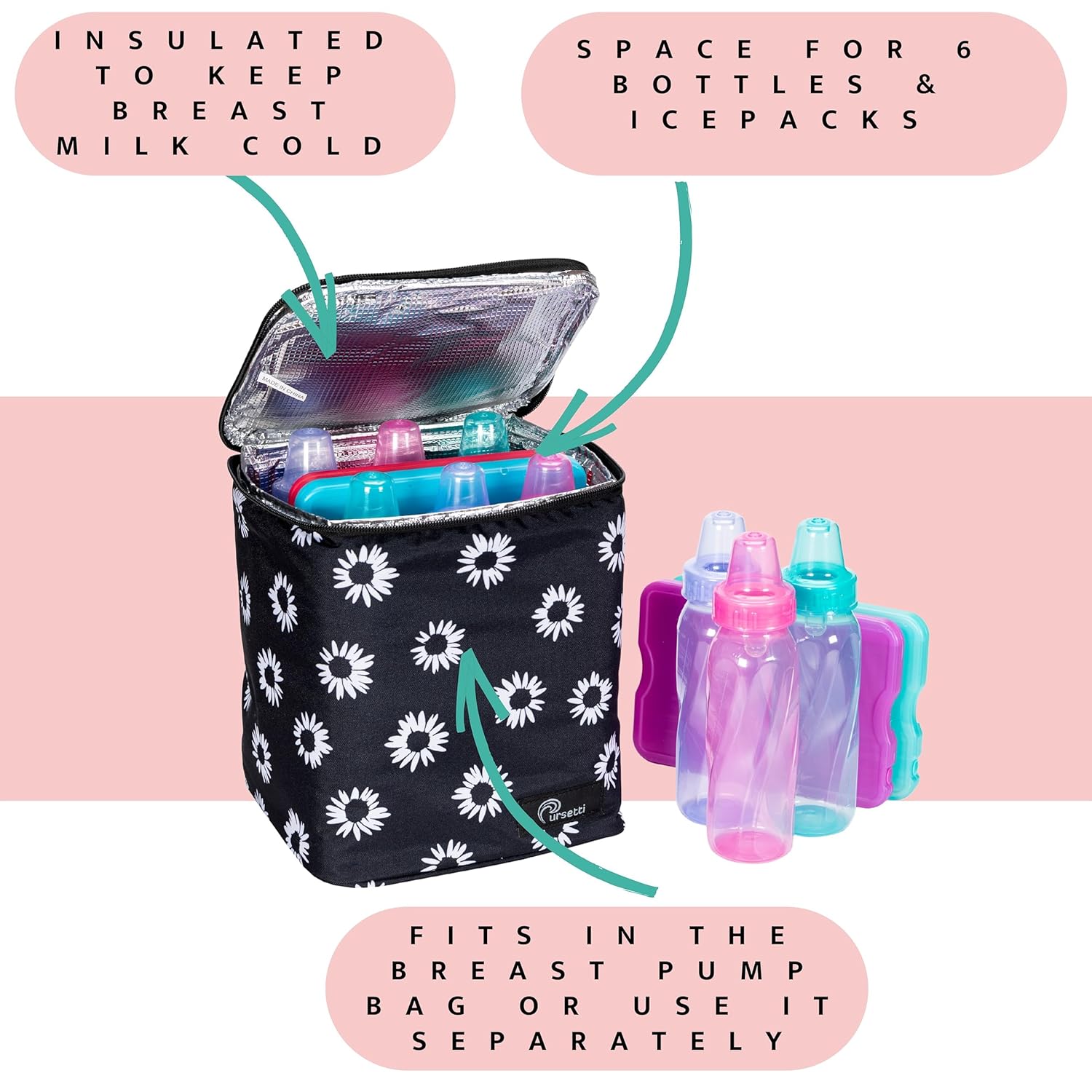 Breast Pump Bag w/Cooler & 15” Laptop Sleeve as a Work Tote -Fits Common Breast Pumps Like Spectra S1, S2, Melela (Black Daisy)