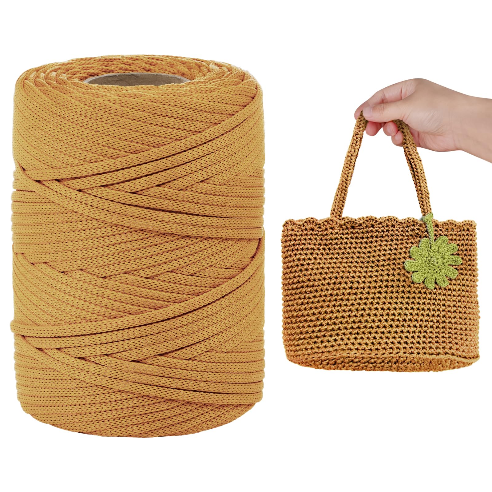 LEREATI Polyester Cord, Polyester Macrame Cord 3mm x 90m Flat Macrame Rope Crochet Polypropylene Cord Polyester Yarn for Crocheting, DIY Bags, Hats, Shoes (Mustard Yellow) โ image 1