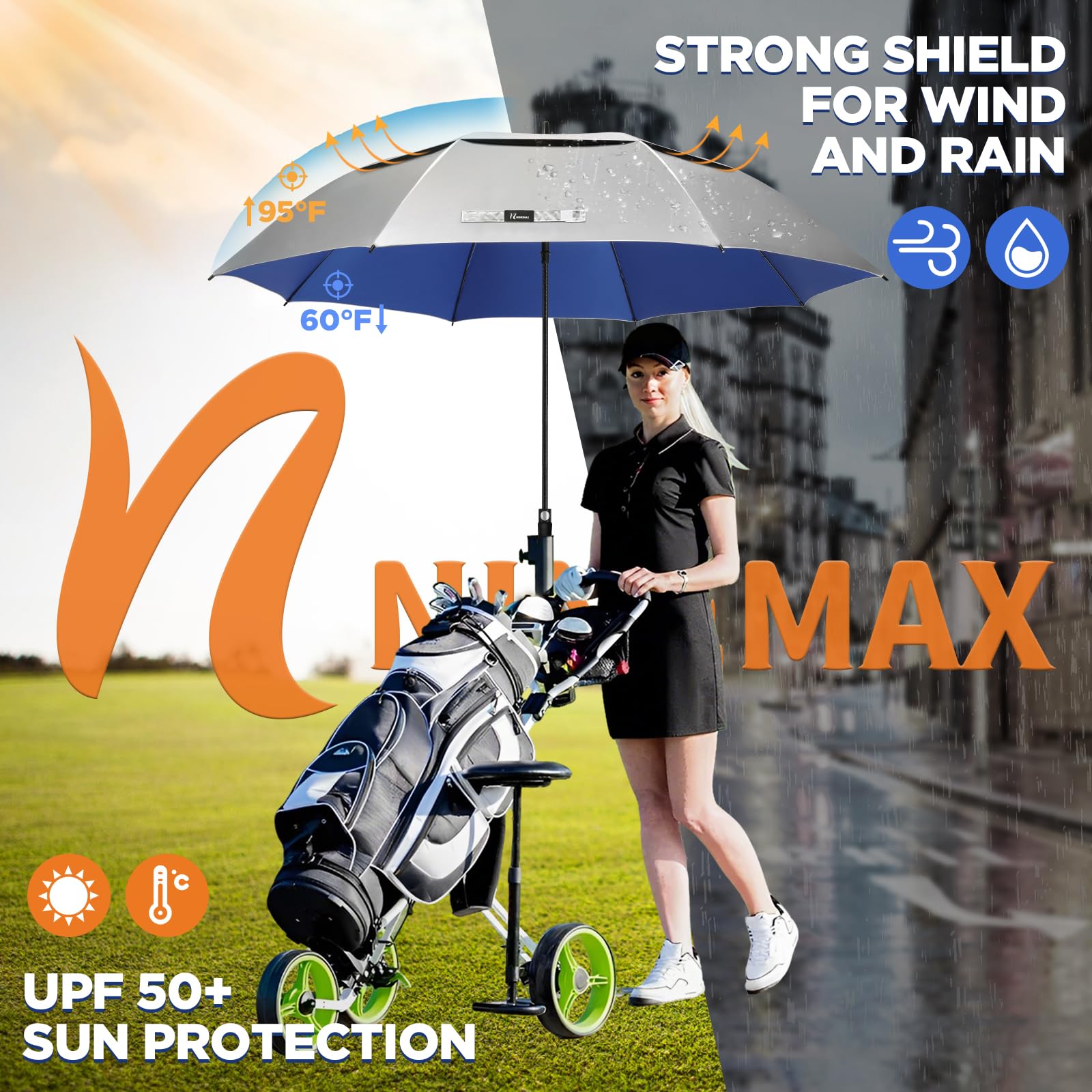 NINEAMX Ombrello Pioggia Grande Da Sole, XL Ombrello Golf Grande Anti UV Spf 50+, UV Protection Umbrella Grandi Da Pioggia Automatico Antivento Robusto per Uomo Donna (Argento/Blu)