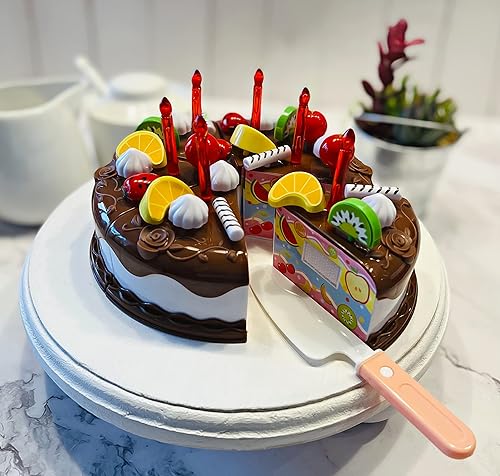 Miniatura 4 de Pastel de cumpleaños falso - Decoración de pastel falso de chocolate con frutas y velas