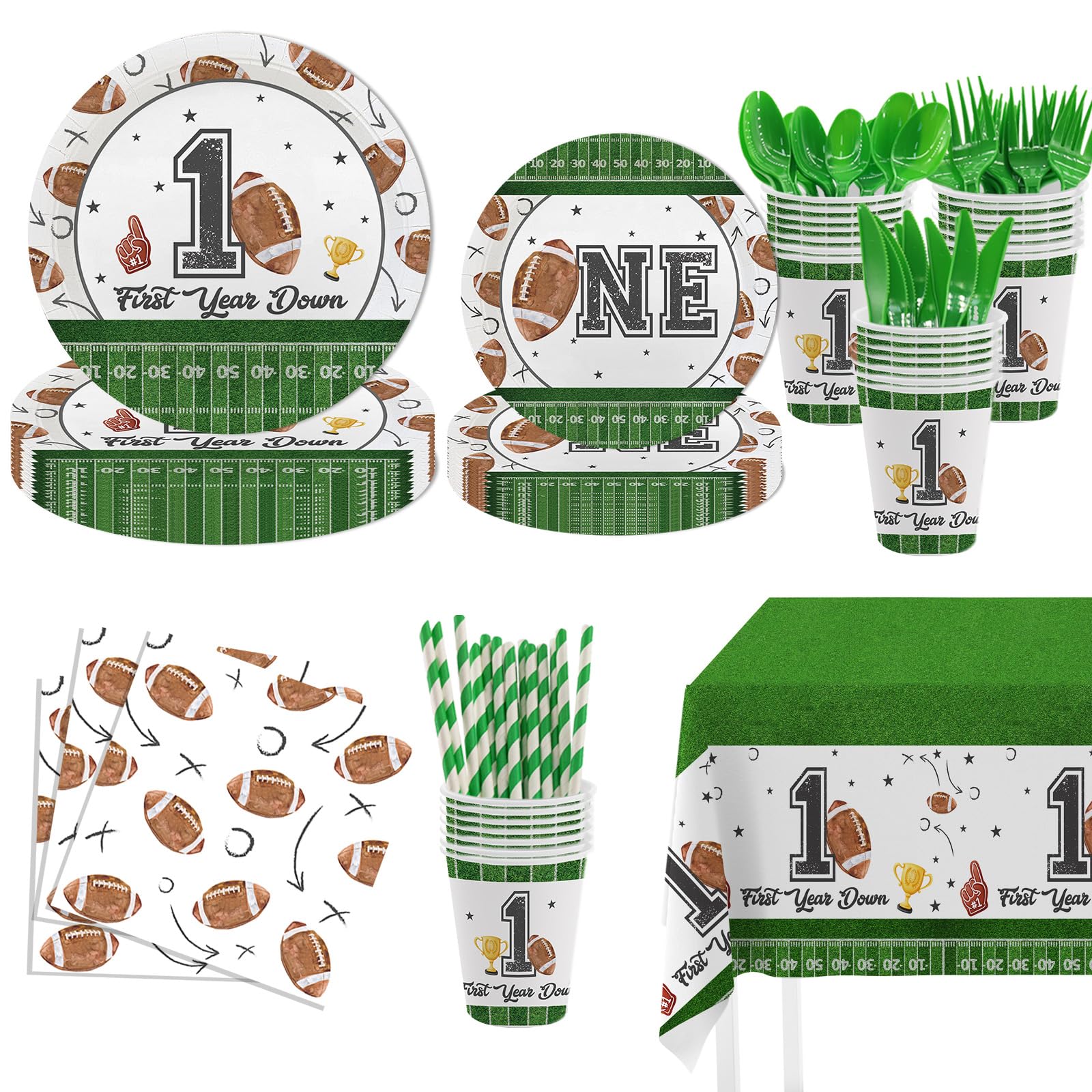 MEHOFOND 193Pcs First Year Down Football 1st Birthday Party Decorations Football Tableware Set Party Supplies for Boys wit...