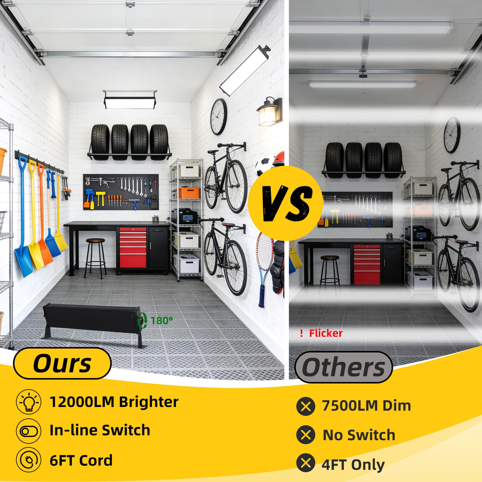 100W LED Shop Lights with 6FT Cord Swtich 12000LM Plug in Garage Light 5000K Daylight Shoplighting for Garage — view 4