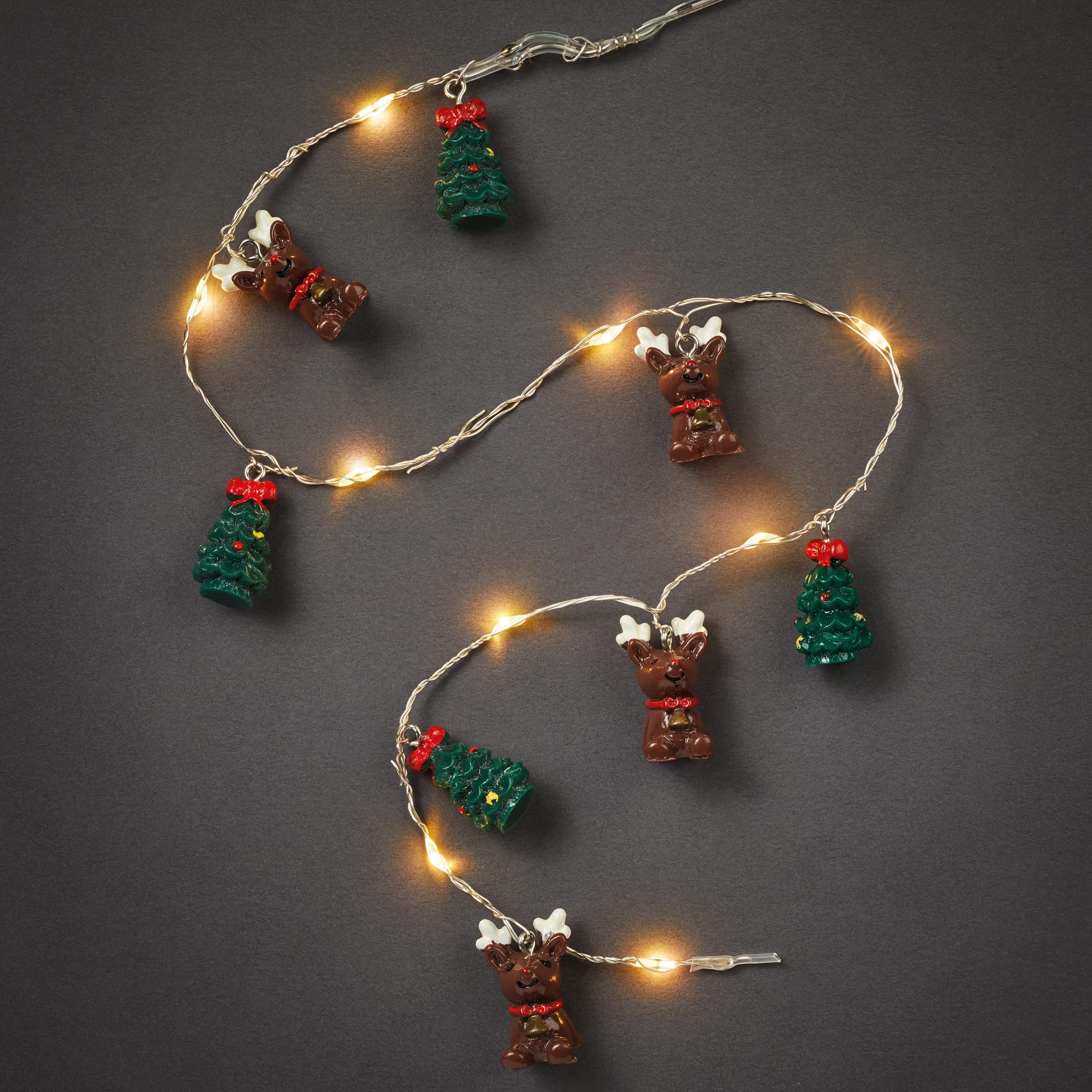 hellum 524260 LED Copper Fairy Lights, Rope Beads, Christmas Tree and Reindeer, 20 Warm White LEDs, 90 cm Light Length, Cable Colour Silver, Indoor, Battery Operated (3AA) — image 1