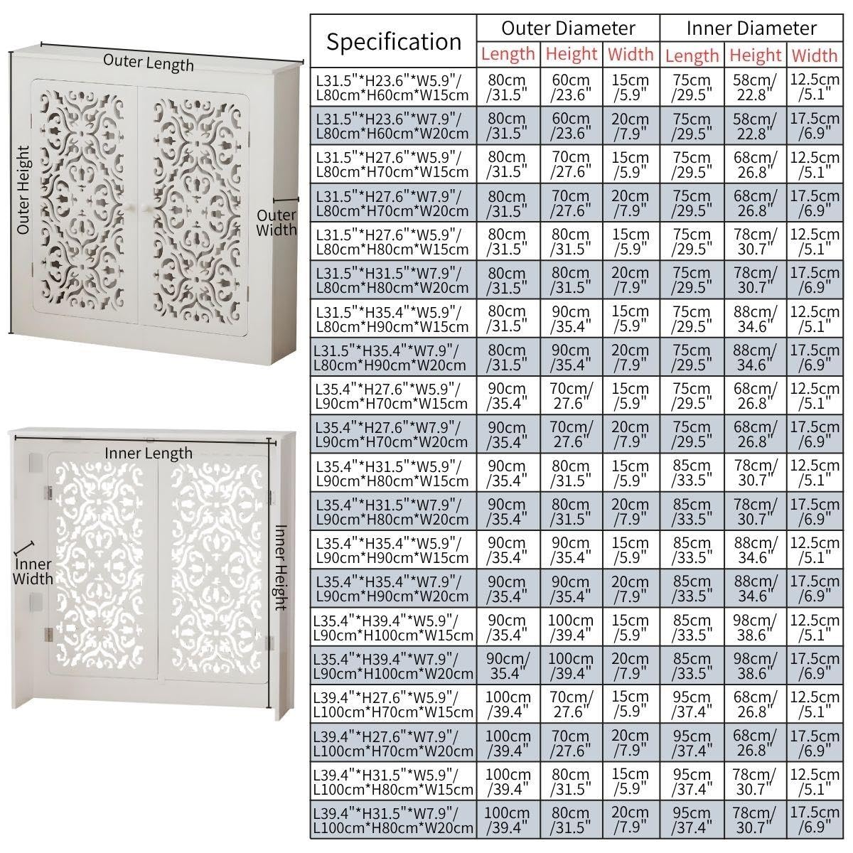 Cubre Radiadores Blanca, Cubierta de Radiador Decorativa con Doble Puerta