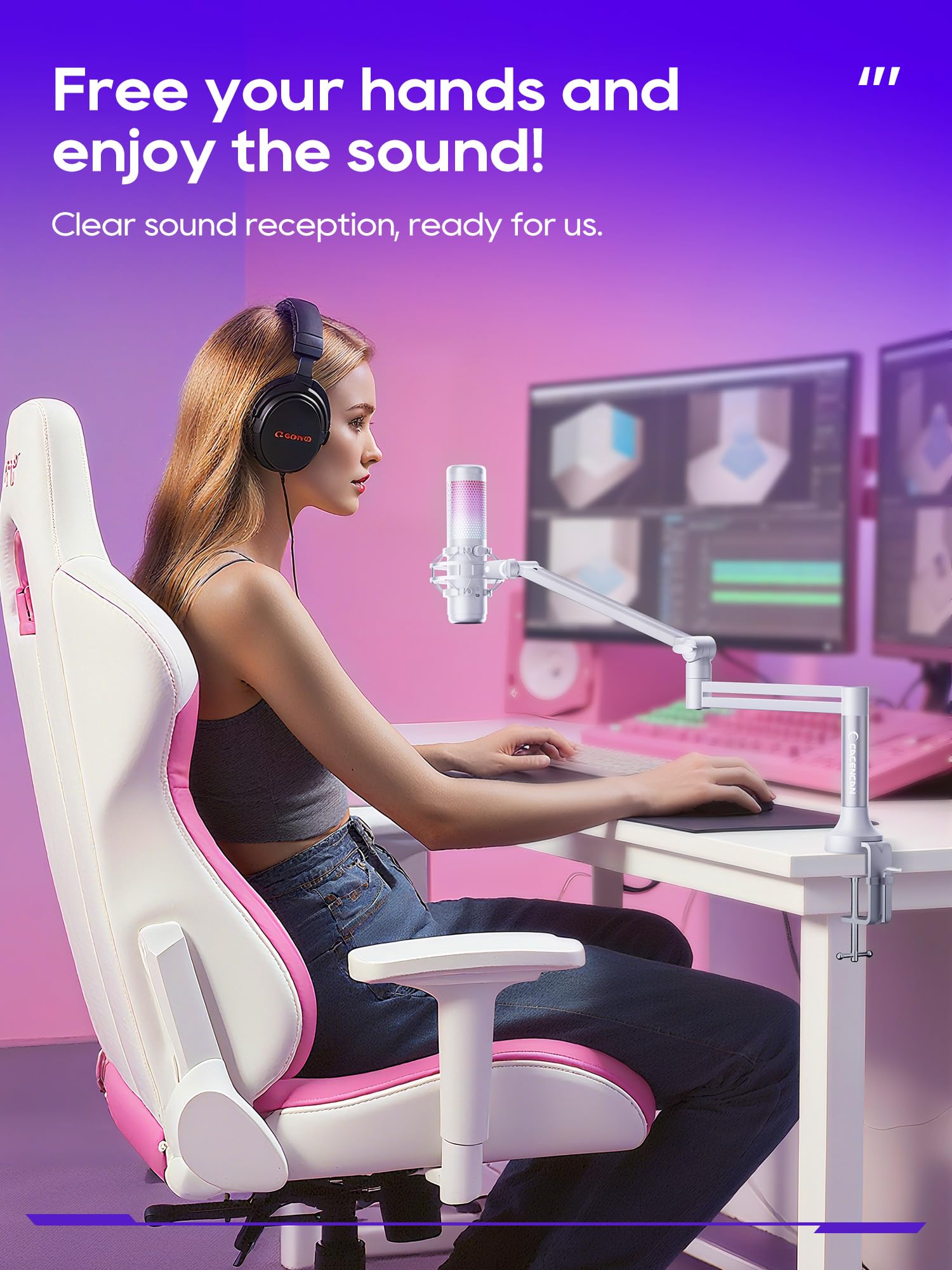 M05 Pro Bras de microphone rotatif à 360° avec support de bureau, bras de microphone pliable avec adaptateur à vis de 3/8" à 5/8", bras de microphone pour streaming en direct, jeux (blanc)