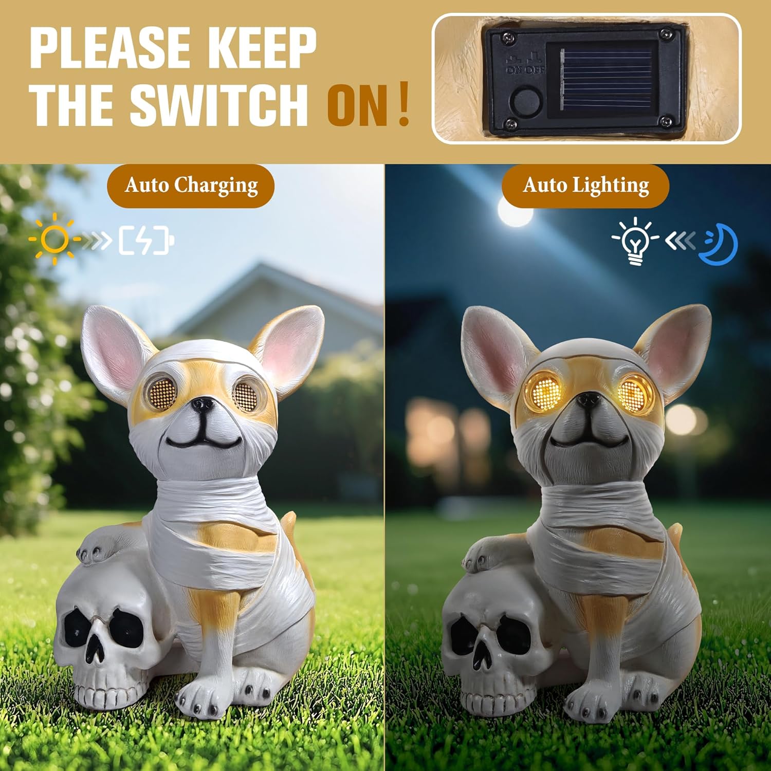 Halloween Decor Outdoor Solar Dog Statue Garden Decorations Holding Skeleton Statue Lights with 360° Spinning Glowing Eyes Ghost Garden Decor & Creative Gifts
