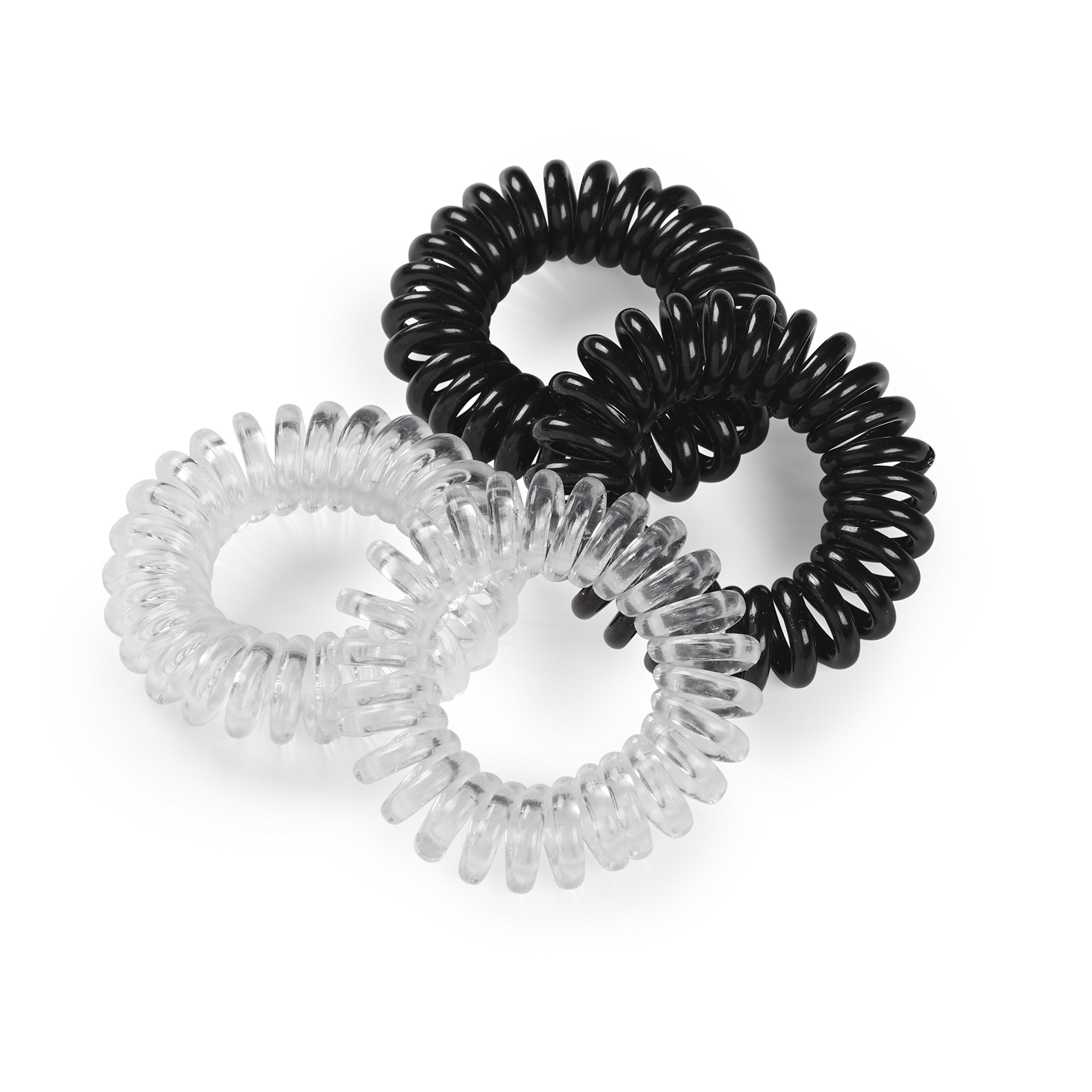 Manicare 4 Spiral Hair Bands, Black And Clear, No Damage, Crease And Kink Free Hair Ties, Coil Bands, Traceless Strong Hold Waterproof Plastic Bobbles, Ponytail Holders, Suitable For All Hair Types