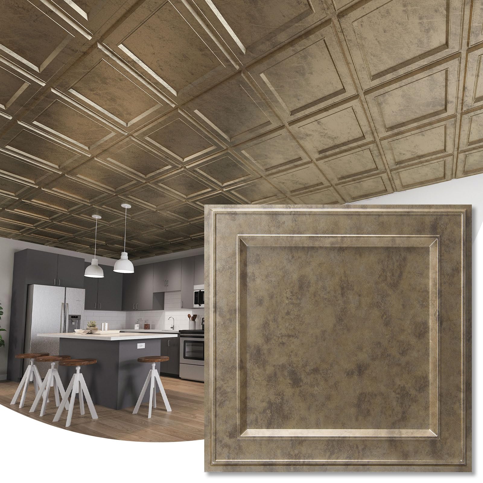 WOWSTAR 12-Pack 24"x24" Drop Ceiling Tiles, Waterproof Glue up Ceiling Panels, Vintage Style 3D Wall Panels, Antique Gold