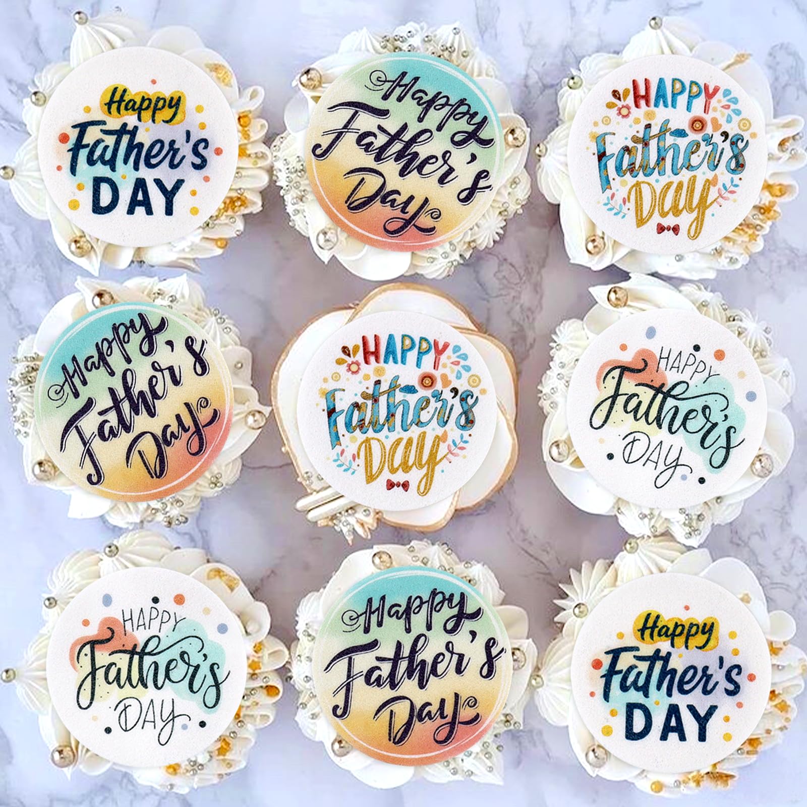 40Pcs Happy Father's Day Edible Cupcake Toppers Circle Father Day Drink Topper for Father's Day Party Decorations Dad Father Birthday Cake Cupcake