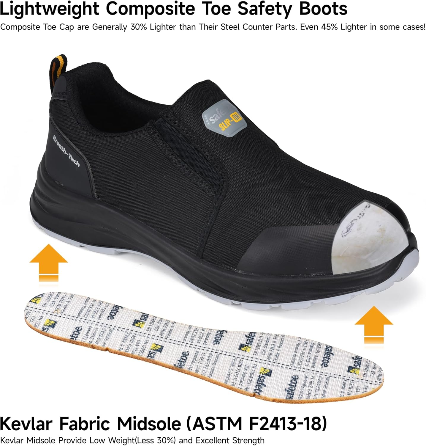 Mens Lightweight Composite Toe Safety Shoes Anti-Fatigue Breathable Work Shoes Slip On Kevlar Puncture Resistant Work Boots - Image 4
