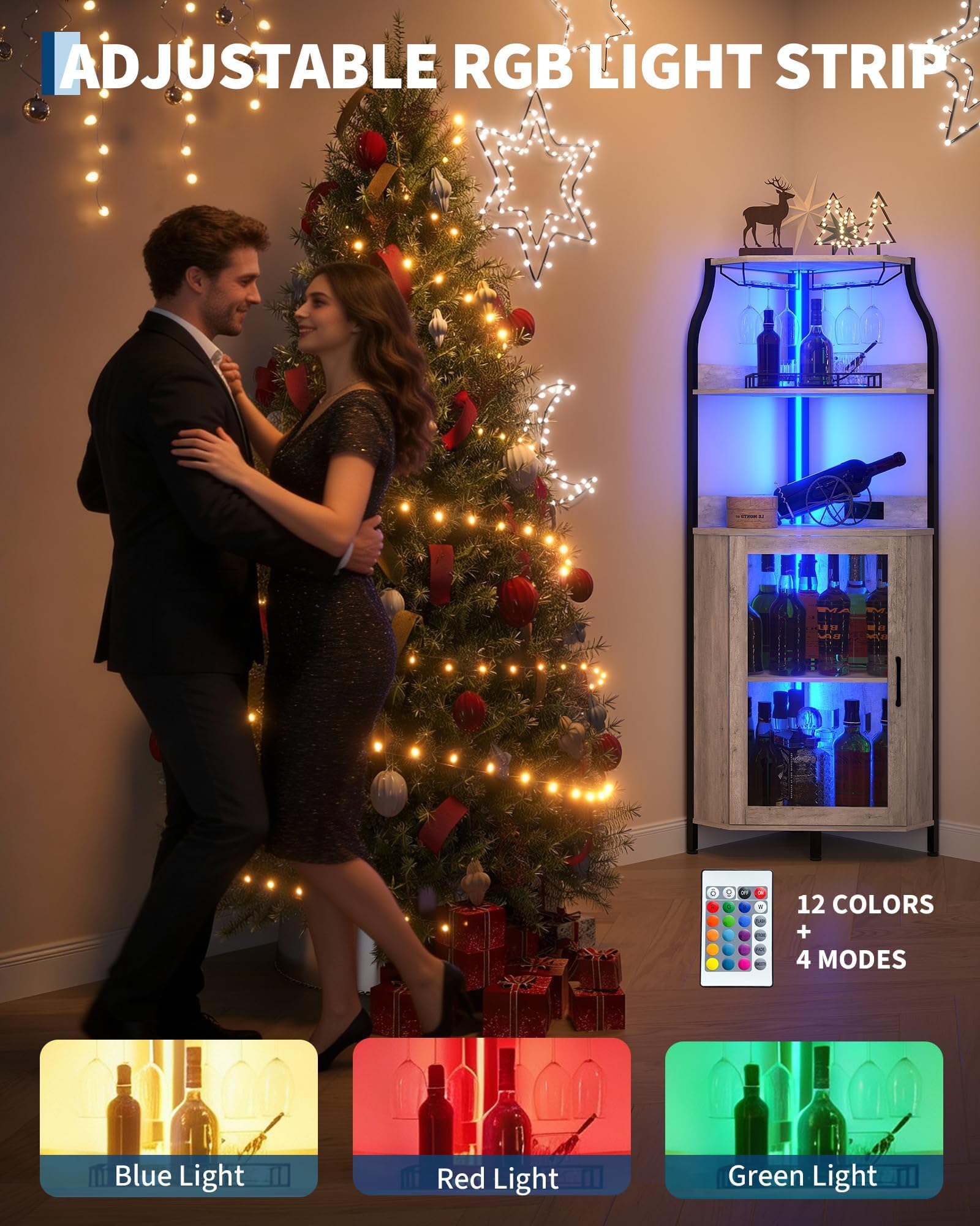 IDEALHOUSE Mueble bar curvo moderno de MDF con vitrina y puerta de vidrio, estantes ajustables, soporte para botellas y copas, iluminación LED, fácil de limpiar, compacto para salón/comedor - Color DE