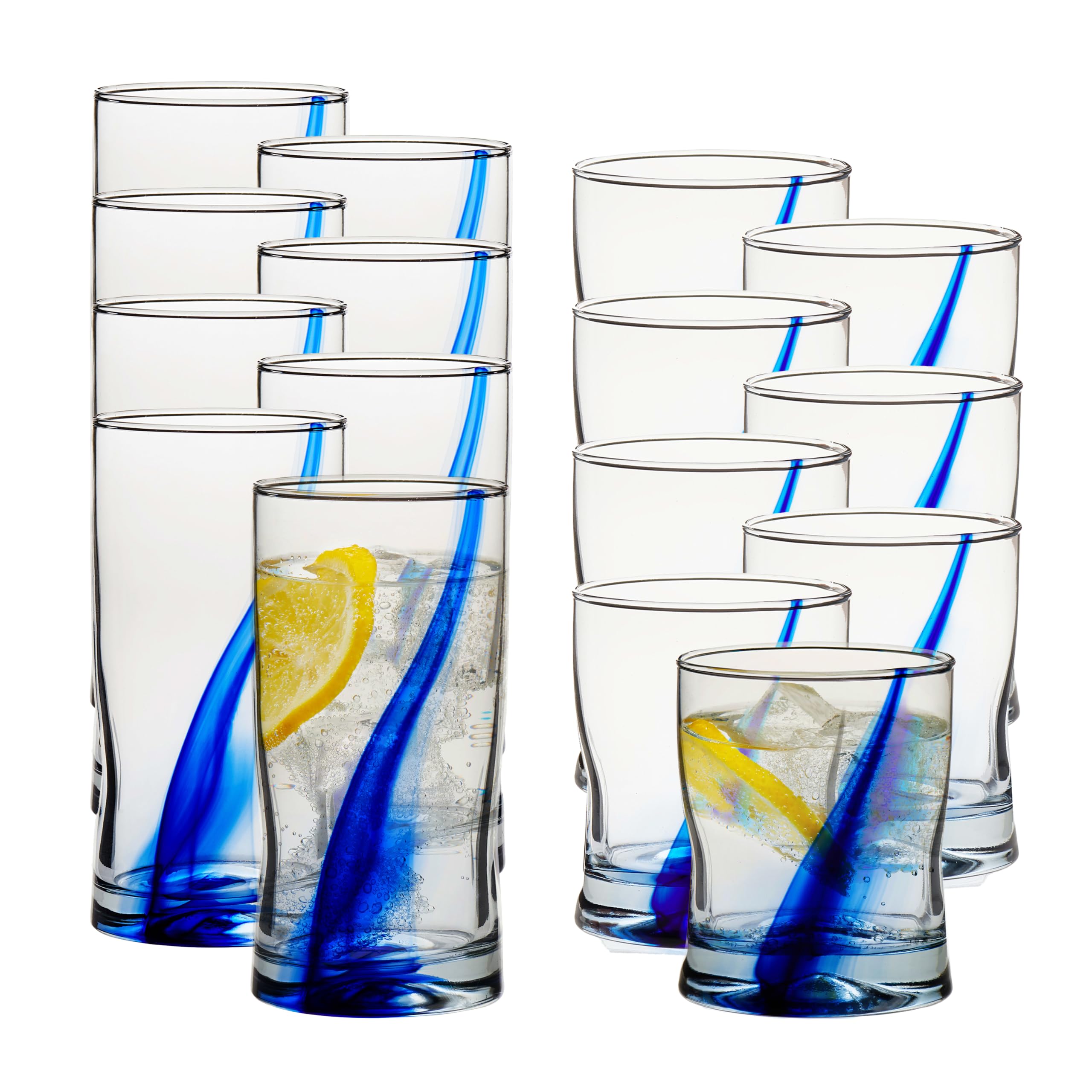 Libbey 99104 Blue Ribbon Tumbler and Rocks Glass Set, 16 Piece Drinkware Glasses Set, Clear Dishwasher Safe Rock and Tumbler Glasses Set
