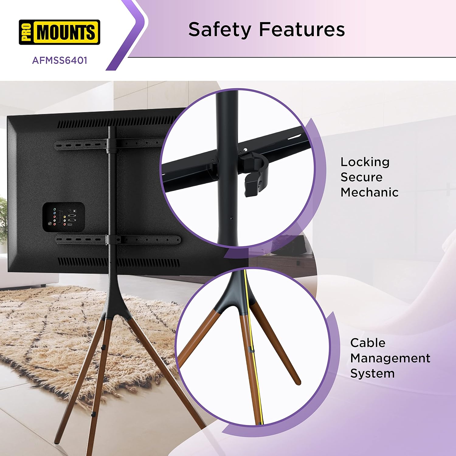 Modern Black Matte Tripod TV Stand with Wooden Legs