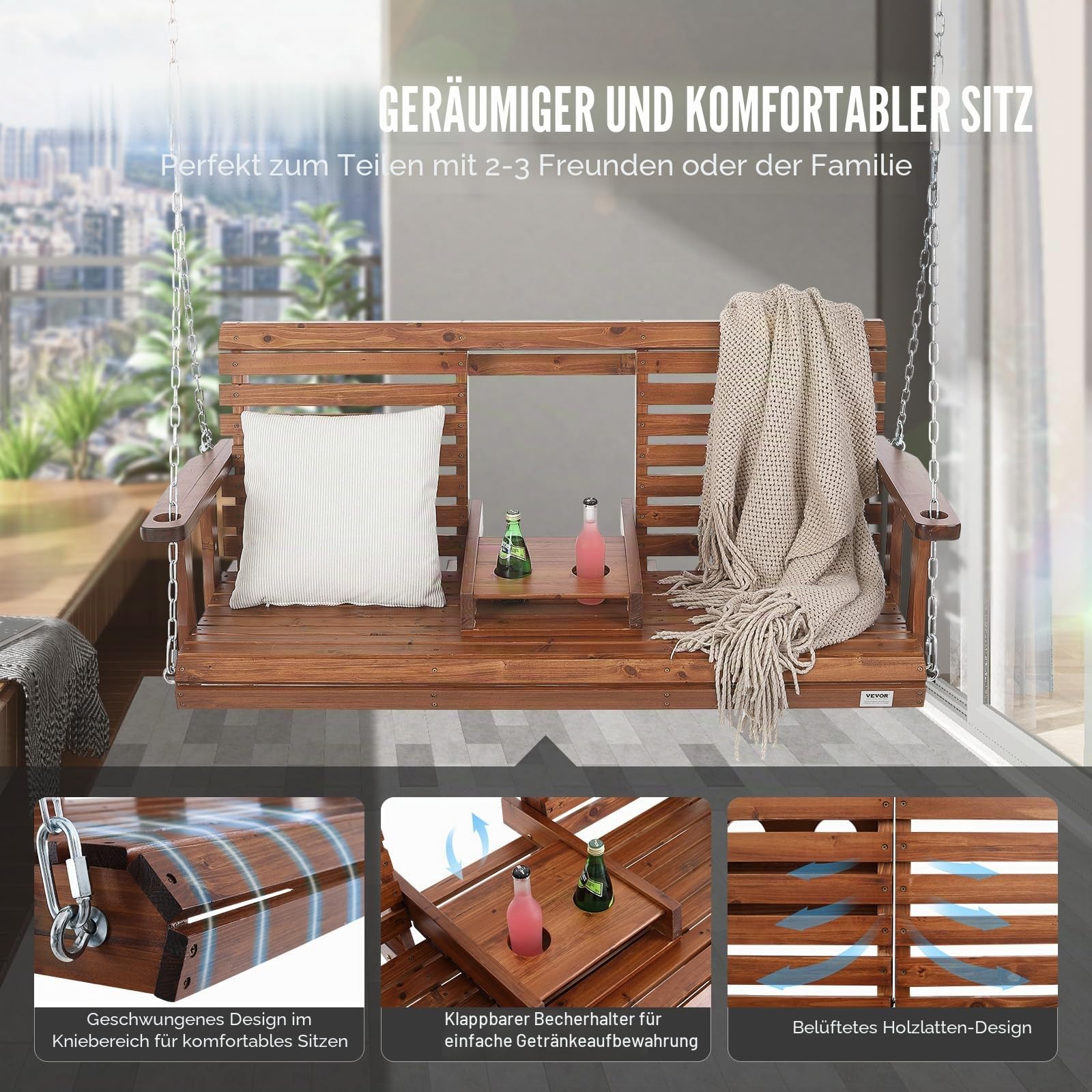 VEVOR Hollywoodschaukel Zedernholz, 1523x710x600mm, Terrassenschaukel für Hof und Garten, verbesserte Tragkraft von ca. 400 kg, robuste Schaukelstuhlbank mit Aufhängeketten für den Außenbereich, braun