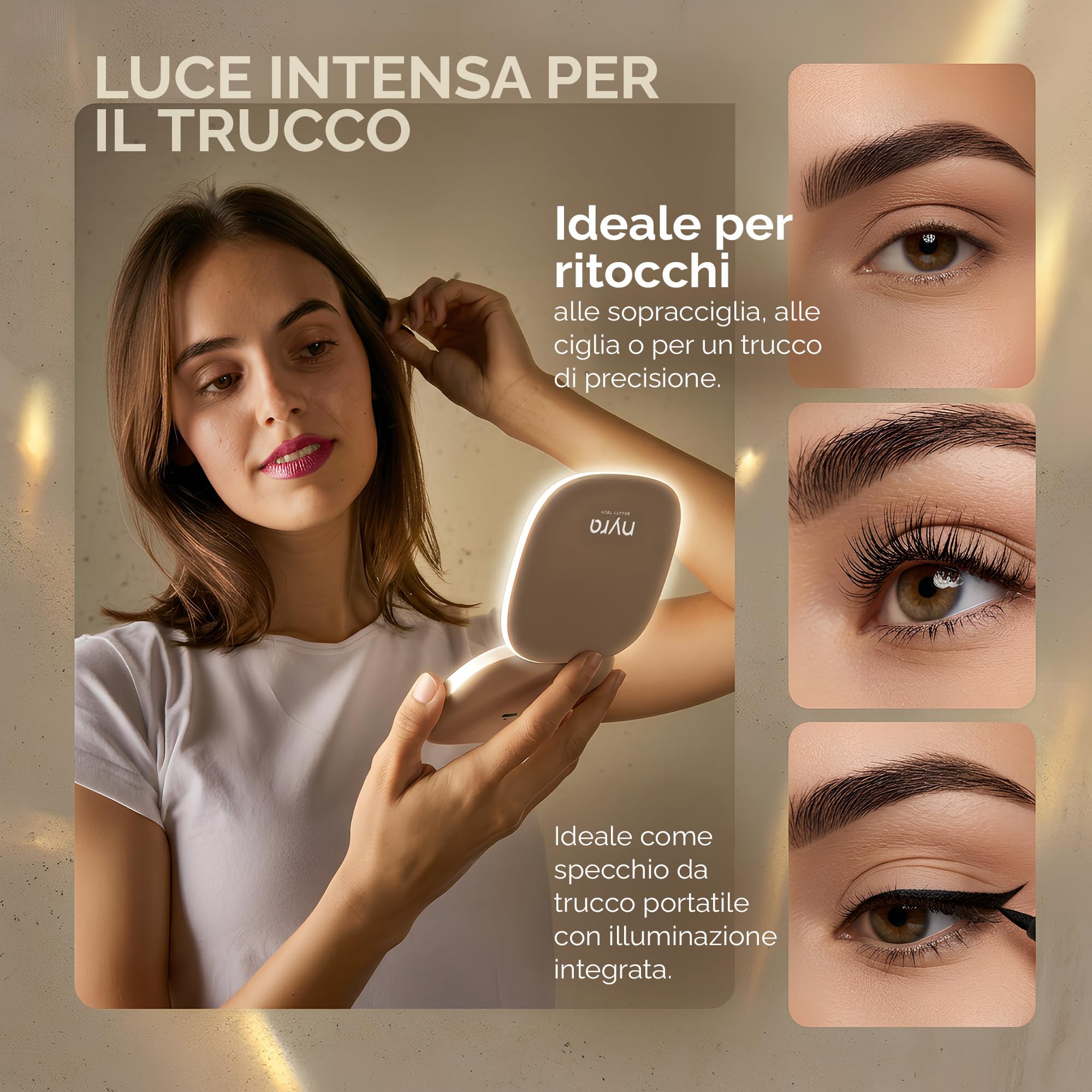 Nyra - Specchio da viaggio a LED ricaricabile, 3 modalità di luce e luminosità regolabile, ingrandimento x1 e x3, batteria 400 mAh, ricarica tipo C, compatto e portatile per il trucco