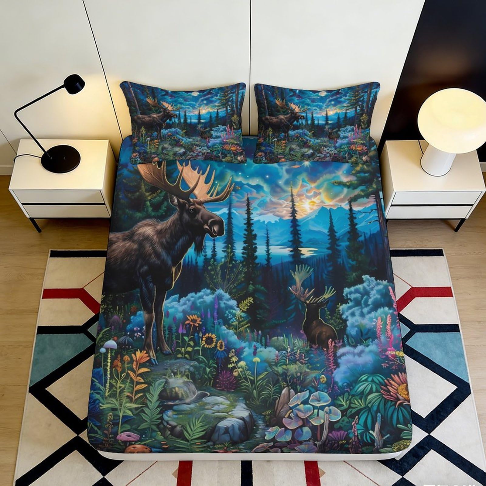 3D Printed Forest Moose Fitted Sheet Microfiber Soft Breathable Night Sky Bed Cover for Bedroom Dormitory Guest Room Mattress Protection Decor 180x200x25cm