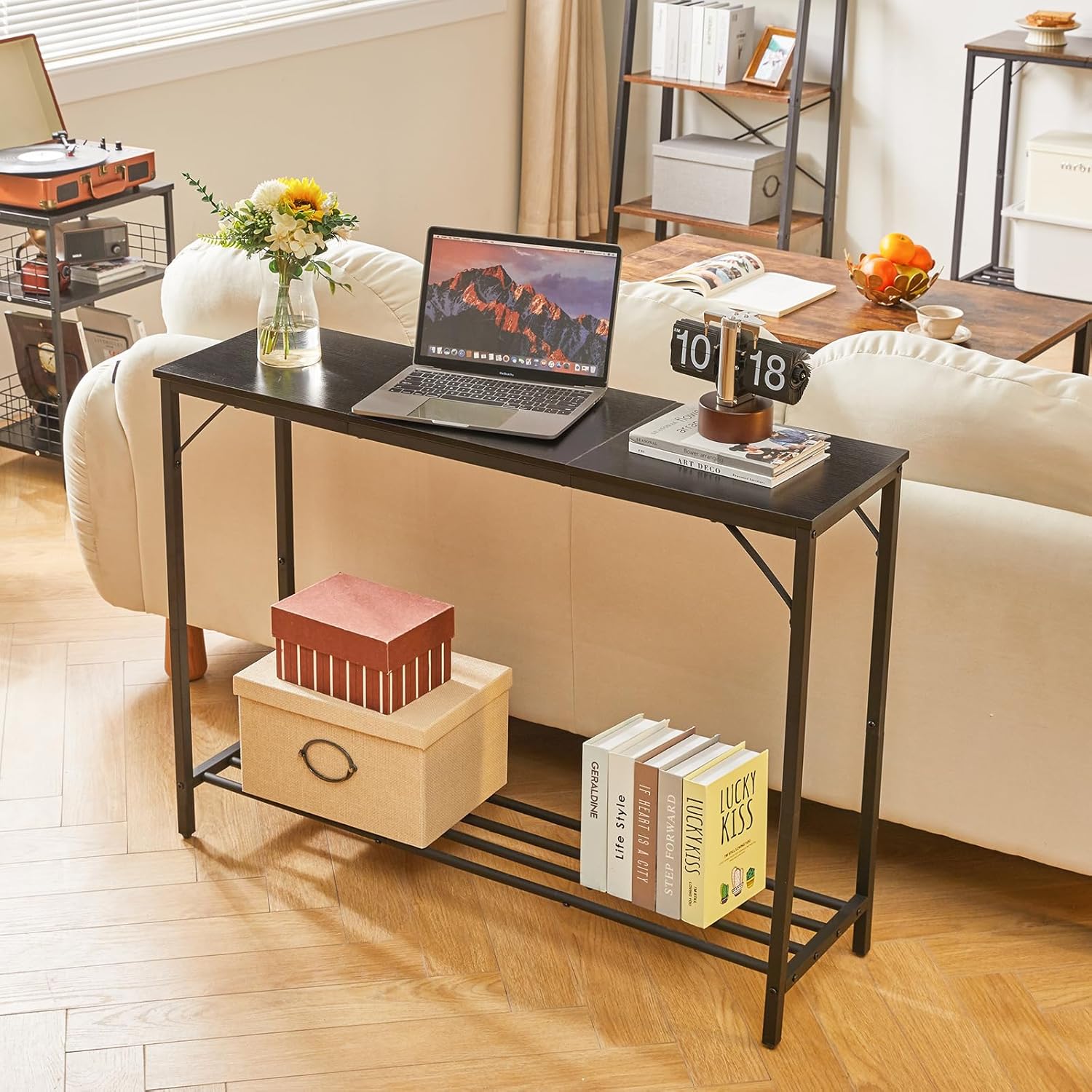 YMYNY Console Table, 42.1" Industrial Entryway Table, Narrow Sofa Table with Shelves, Couch Table for Entryway, Hallway, Living Room, Foyer, Office, Black UHST006B