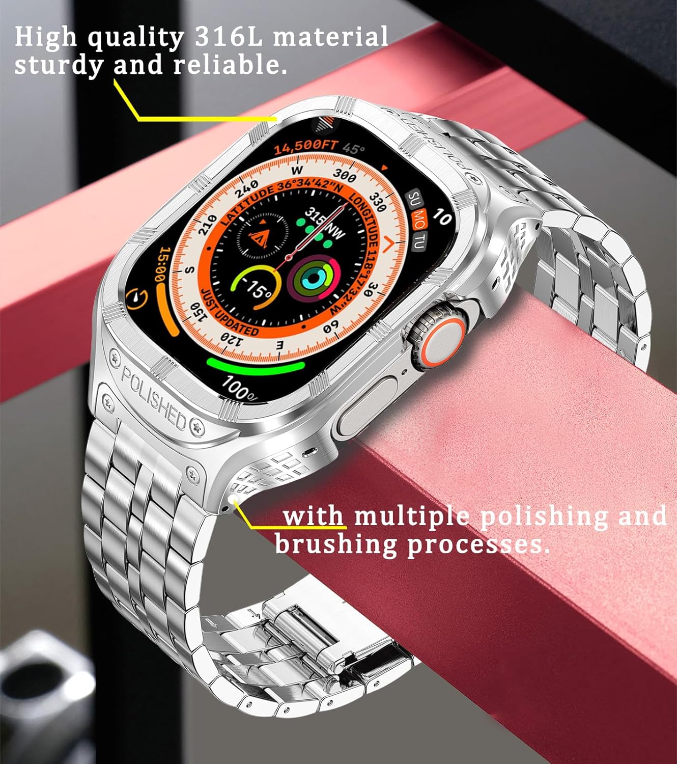 Caseultra Stainless Steel Band With Case Compatible for Apple Watch Ultra 2 Band/Apple Watch Band Ultra 49mm 45mm 44mm 42mm,Rugged Metal iWatch Ultra/Ultra 2 Case,Militry Protective Bumper Cover for Men