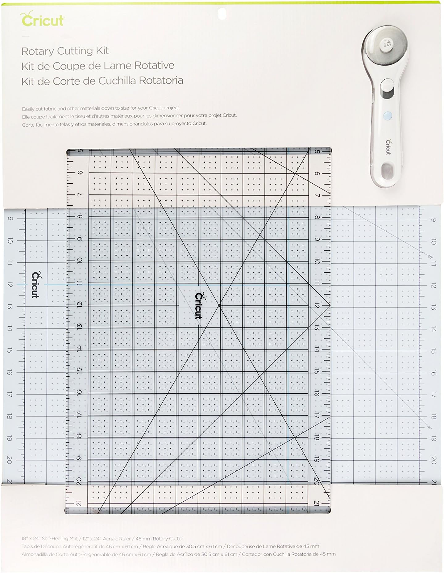 Cricut Rotary Cutting Set - Includes: Rotary Cutter (45mm), Self Healing Mat (18 x 24) and Acrylic Ruler (12 x 24) - for Fabric, Sewing and Quilting Projects