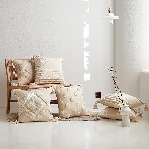 Miniatura 5 de Simple&Opulence Juego de 2 fundas de cojín decorativas estilo bohemio copetudo, 18 x 18 pulgadas, 100 % algodón, con borlas para cama, sofá, sillón,