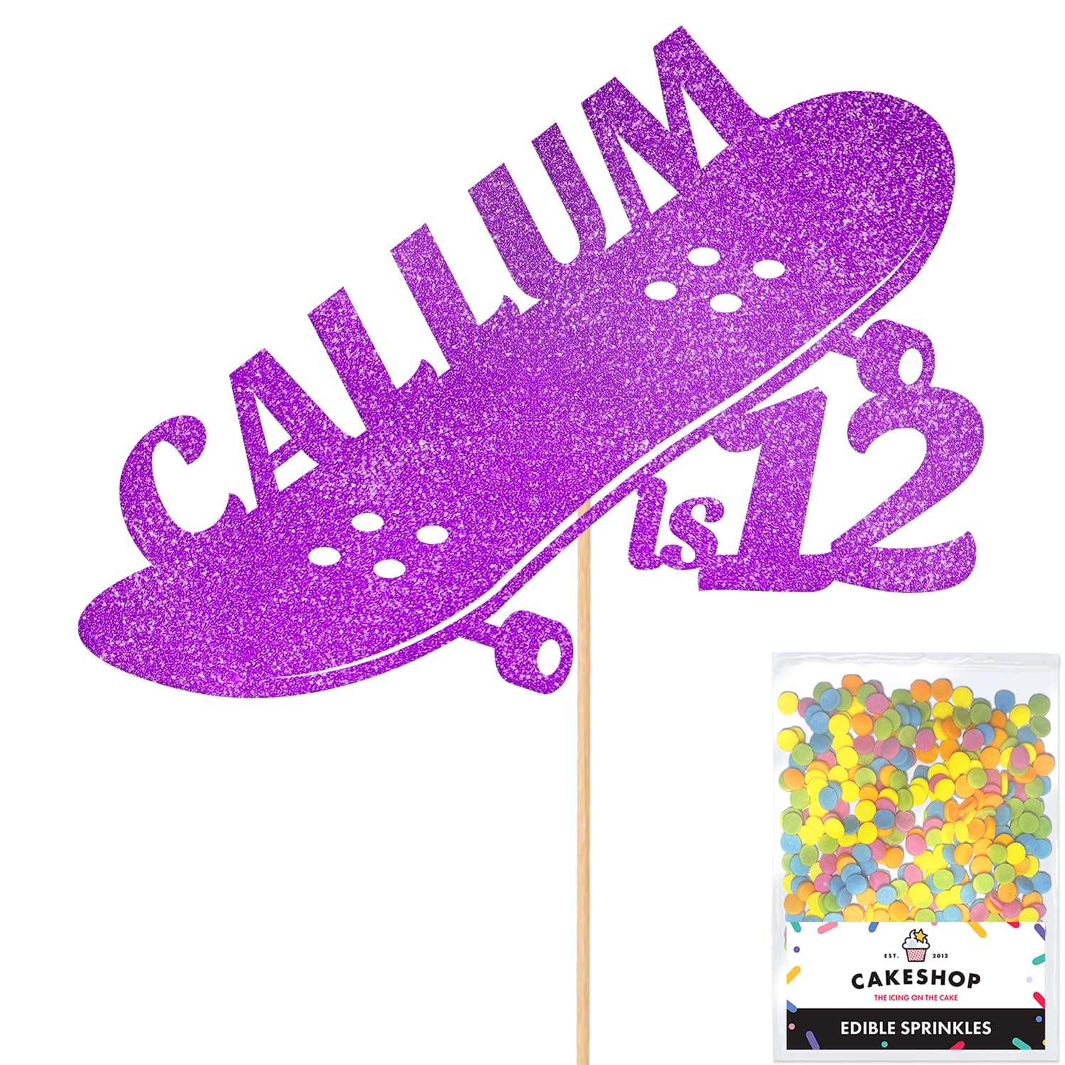Personalised Skateboard Skater Glitter Cake Topper- Purple Any Custom Age & Name Glitter Cake Decoration and Sprinkles - Happy Birthday Decorations - Personalised Toppers for Cakes by Cakeshop