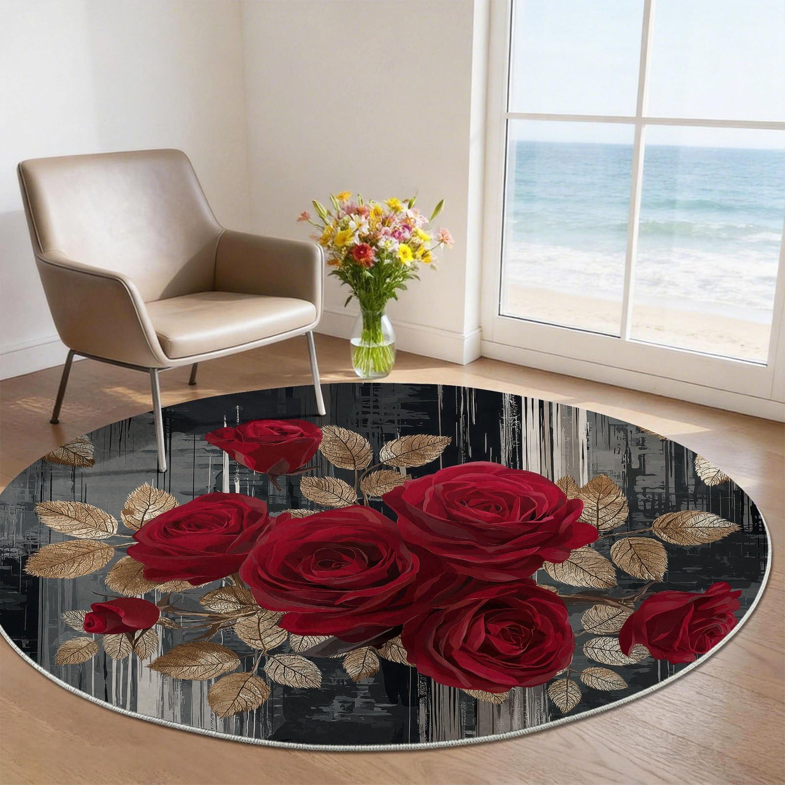Alfombra circular de pelo bajo moderna rosa de 120 cm lavable para comedor y sala