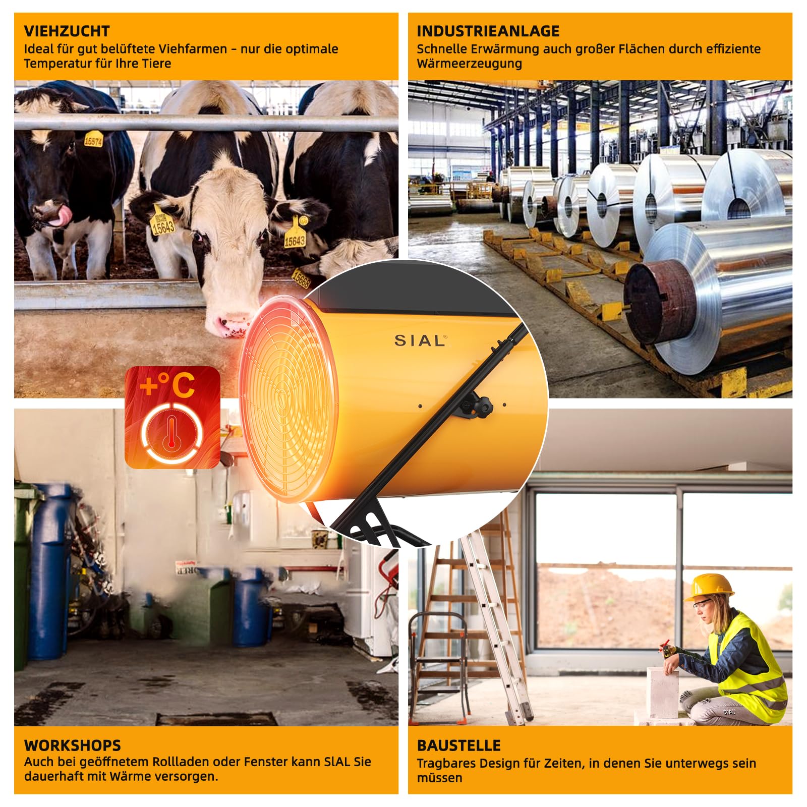 SIAL Industriell Heizlüfter 30000W, 400V - Elektrische Heizung - Heizstrahler Bauheizer - Heizgebläse Für Garagen, Werkstätten, Baustellen - D30 - Gelb