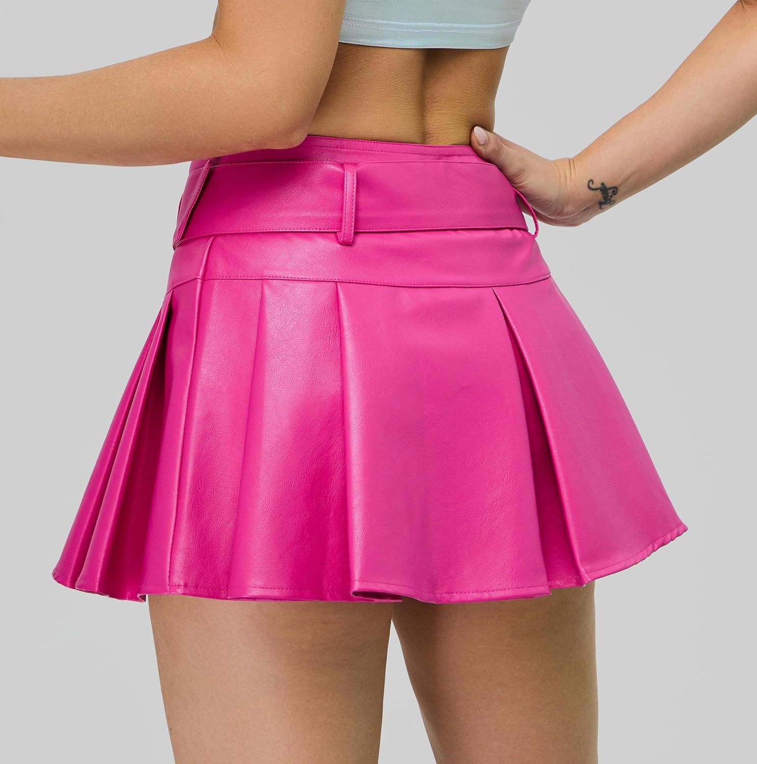 Kisidoo Y2K Mini Skirt Buckle Belted High Waisted Pleated Flare PU Faux Leather Short Goth Skirts for Women - Image 2