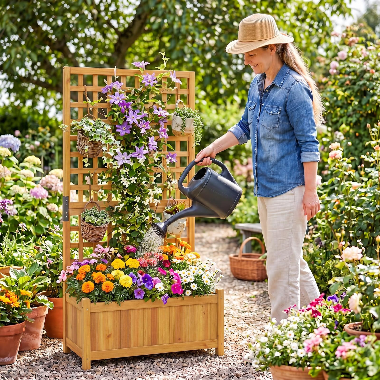 COSTWAY Jardinière avec Treillis en Bois, Bac à Fleurs Surélevé avec Trous de Drainage Fond Amovible, Jardinière Brise-Vue pour Plantes Grimpantes Légumes Fruits, 76 x 32 x 143 cm (Orange)