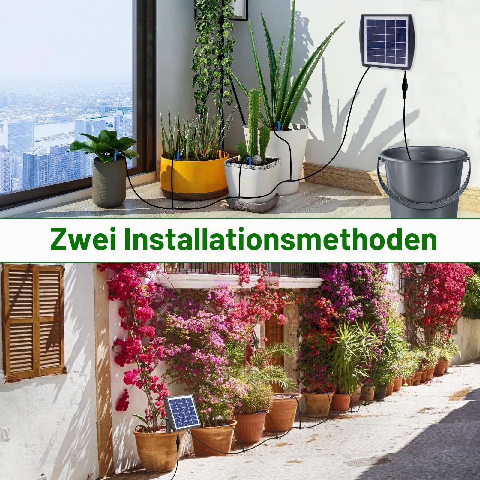 RISINGUP Solar Bewässerungssystem Automatisches Set, Automatisches Garten Bewässerungssystem mit 15 m Schlauch für Garten und Balkon Topfpflanzen, Außenbereich, Gemüse (mit sifon)