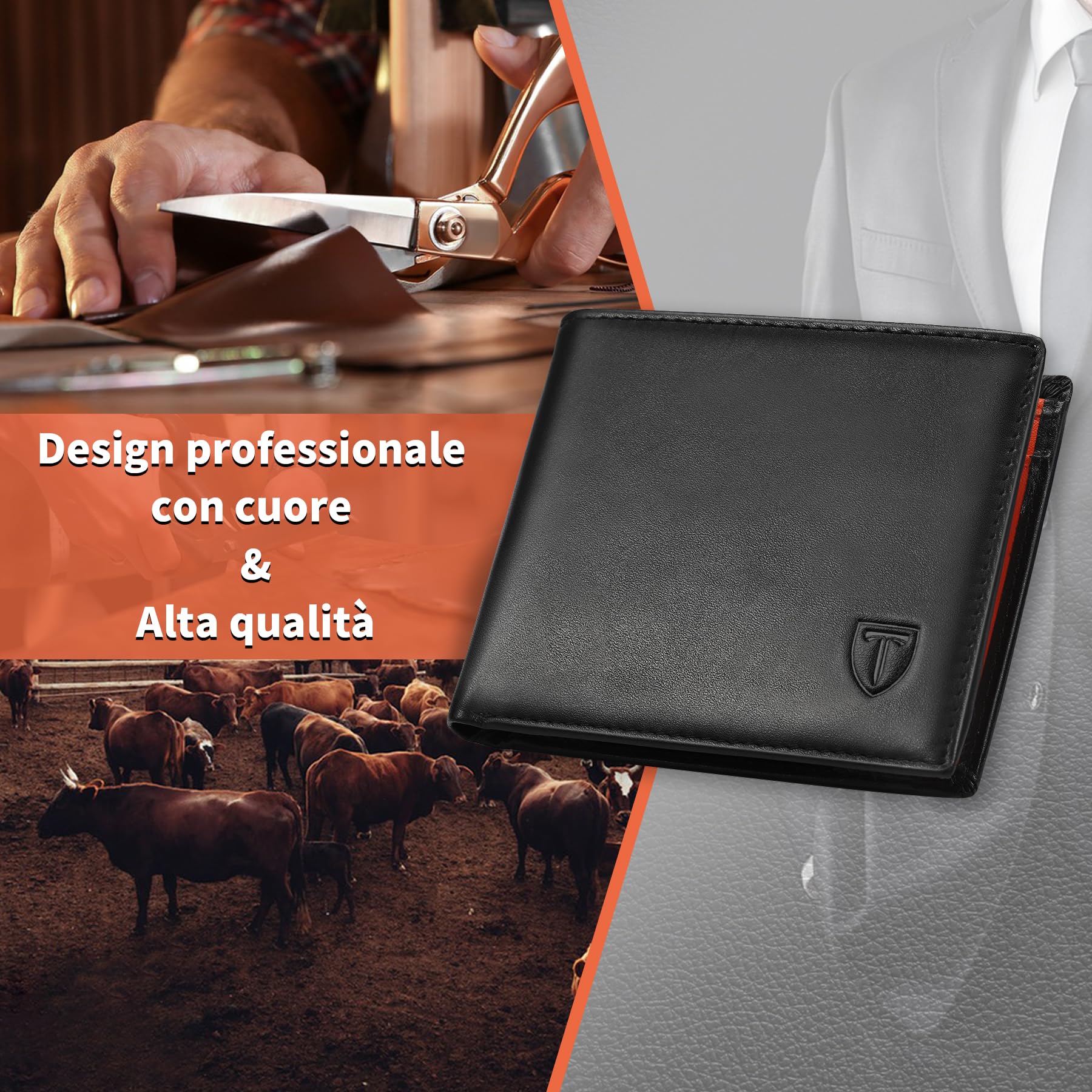 TEEHON® Portafoglio Uomo Slim Vera Pelle Blocco RFID, con Tasca Portamonete,2 Scomparti Banconote,10 Porta Carte di Credito, Portachiavi. Portafogli Piccolo Sottile-nero e arancione