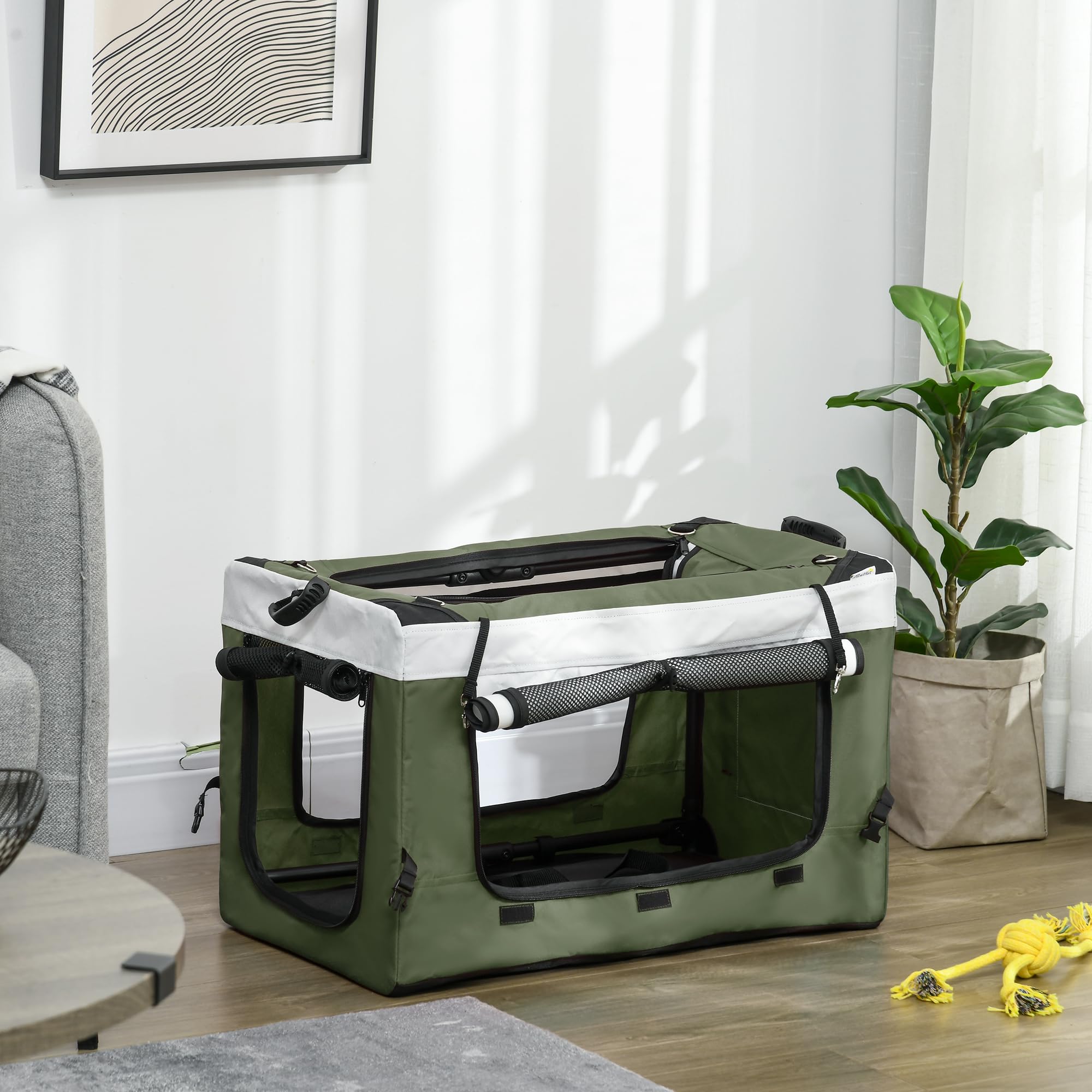 PawHut Carrito plegable para perros y gatos de hasta 10 kg, con cojín, ventanas de red, puertas, cesta de almacenamiento, color verde oscuro