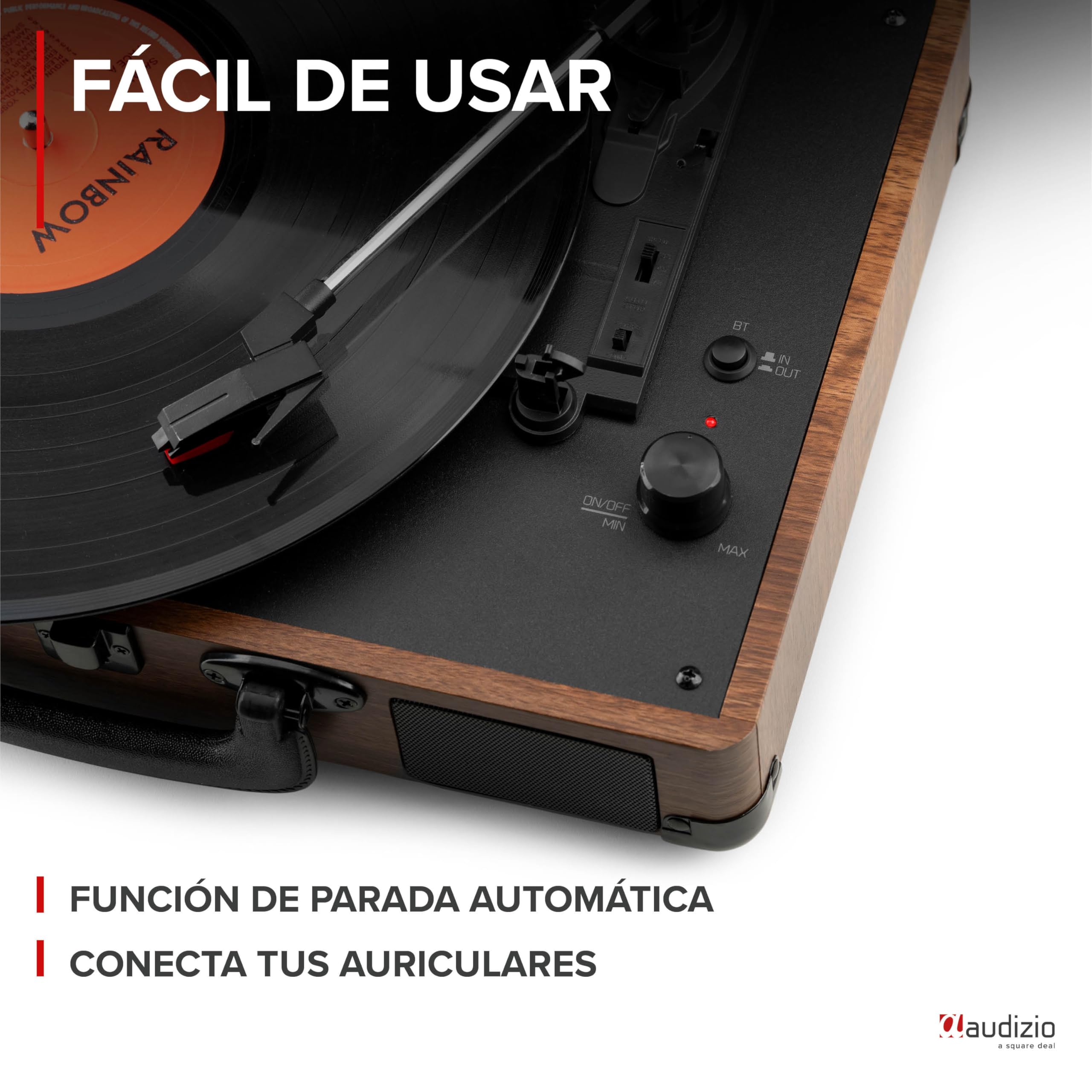 Audizio RP116W Tocadiscos de Vinilo Estilo Maletín con Bluetooth In/out, Altavoces Integrados, Codificación MP3 por USB y 3 Velocidades – Diseño Retro Compacto en Color Madera con Sonido Estéreo