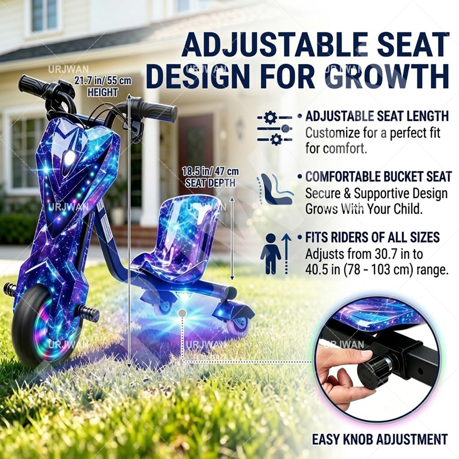 Triciclo Eléctrico para Niños de 5 a 8 Años, Realizar Derrapes y Giros de 360°, Carro Electrico Niño Montable, Juguete Scooter Eléctrico para Niños con Luces de Colores 6-Inch-C