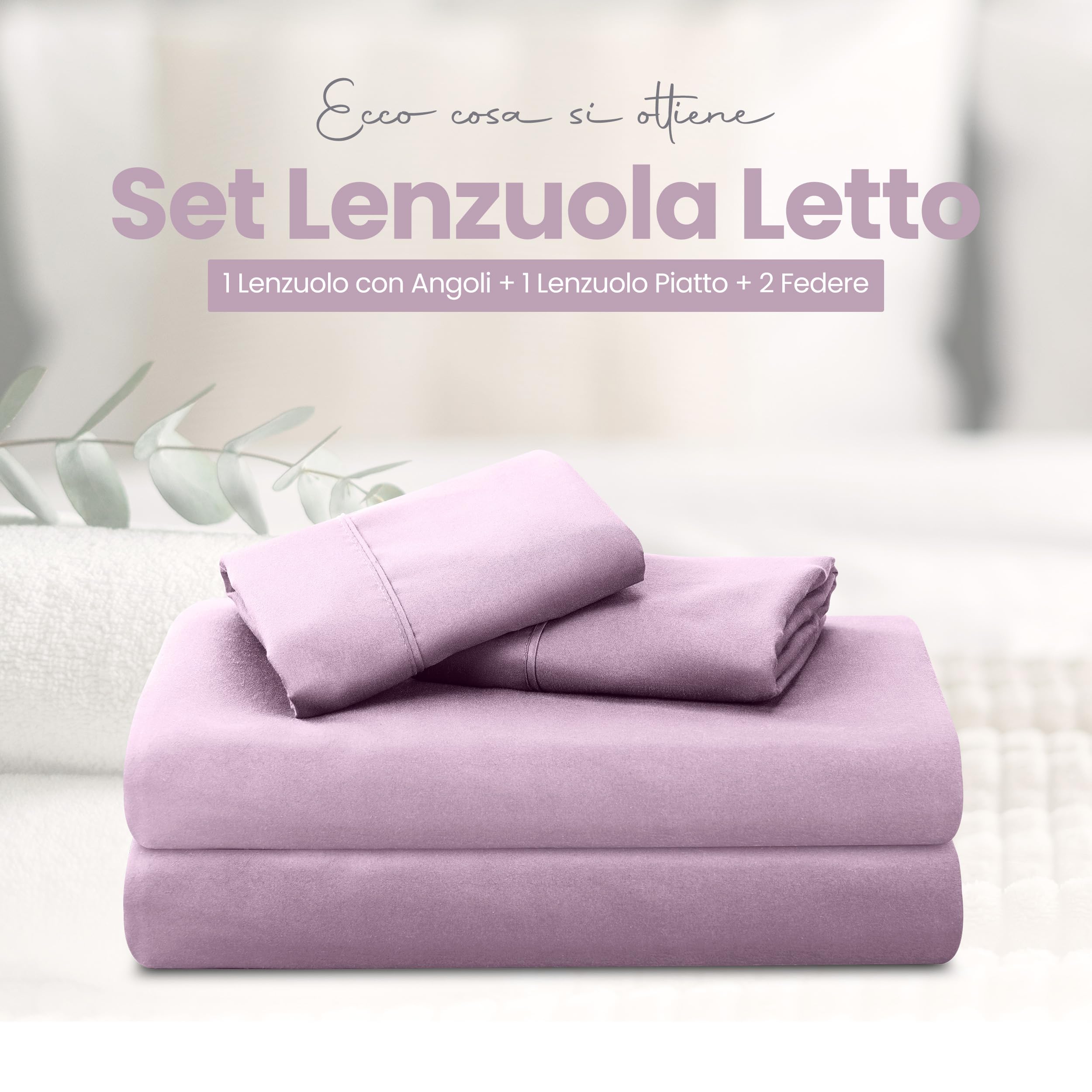 Utopia Bedding - Set Lenzuola Letto Una Piazza e Mezza 4 Pezzi 135x190 cm - Spazzolata Poliestre di Microfibra - Oeko-Tex Certificato - Lenzuolo con Angoli, Lenzuolo Piatto e 2 Federe 50x75, Lavanda