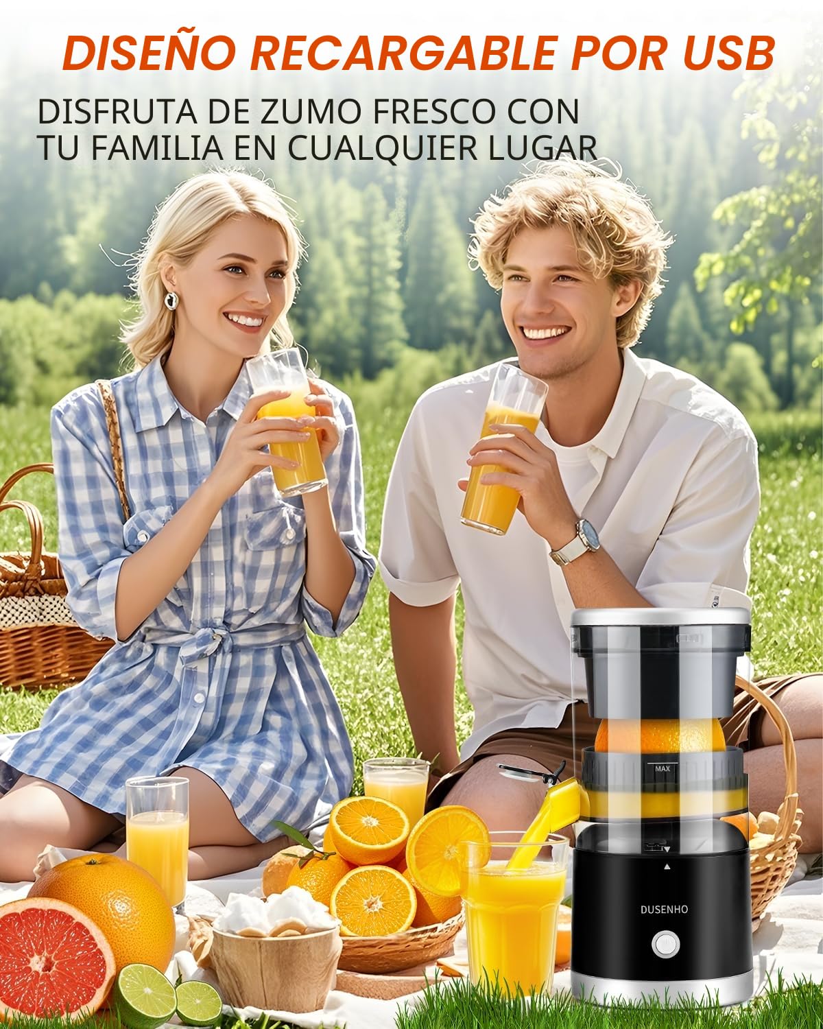 Exprimidor Eléctrico Naranjas Exprimidor de Cítricos Portátil con USB y Cepillo de Limpieza para Naranja, Limón y Pomelo