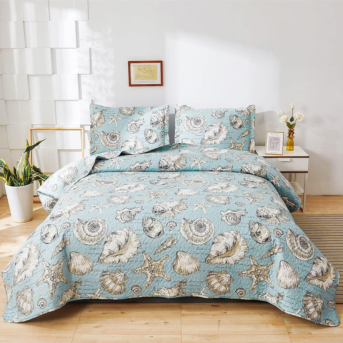 Beach Quilts Set Full/Queen Size Seashell Conch Bedspreads,3Pcs Ocean Theme Starfish Coverlet Set Lightweight Quilt Reversible Bedding Cover Pillow Shams,Blue