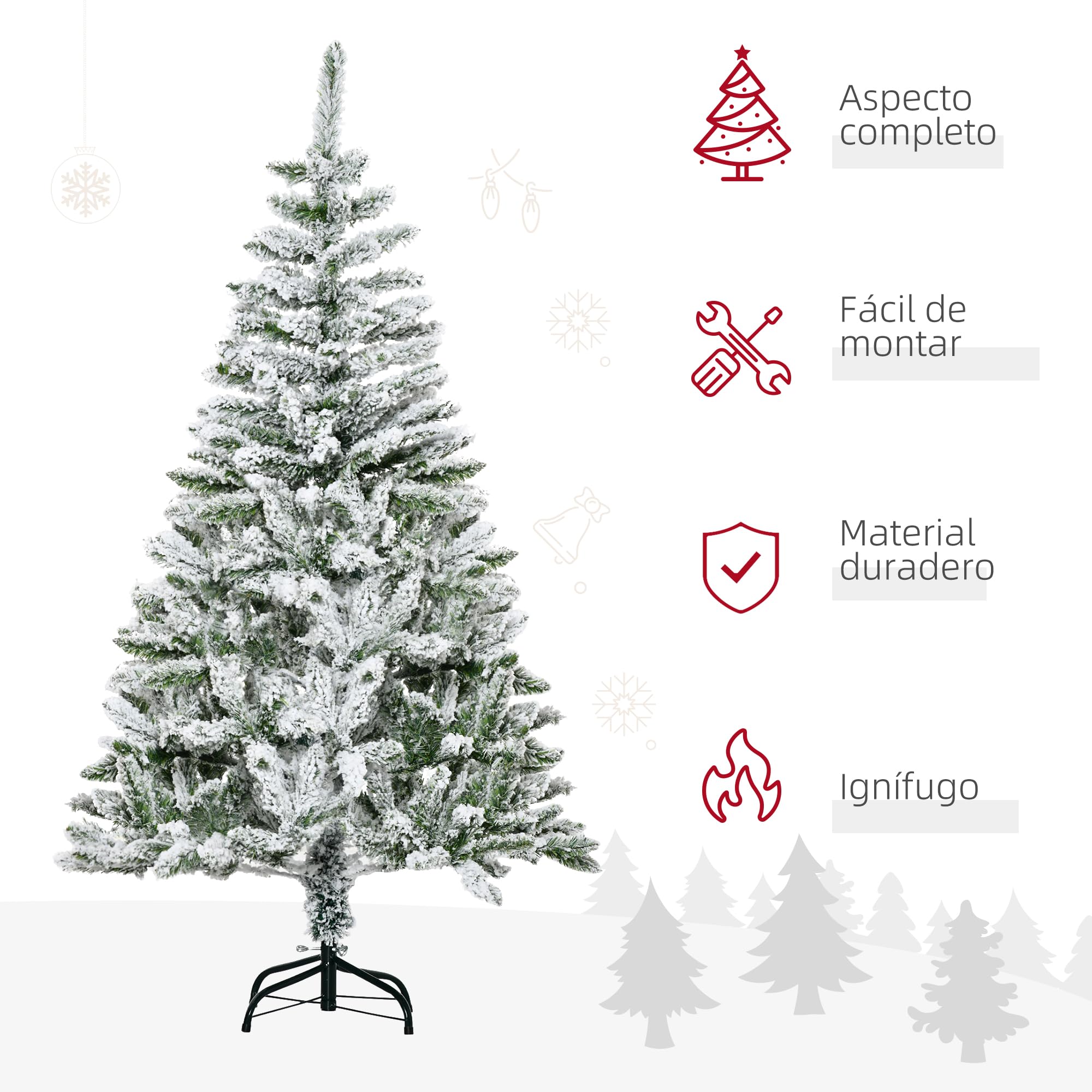 HOMCOM Árbol de Navidad Artificial 150 cm con Nieve Ignífugo con 358 Ramas Apertura Automática Base Plegable y Soporte Metálico Decoración Navideña para Interiores Verde