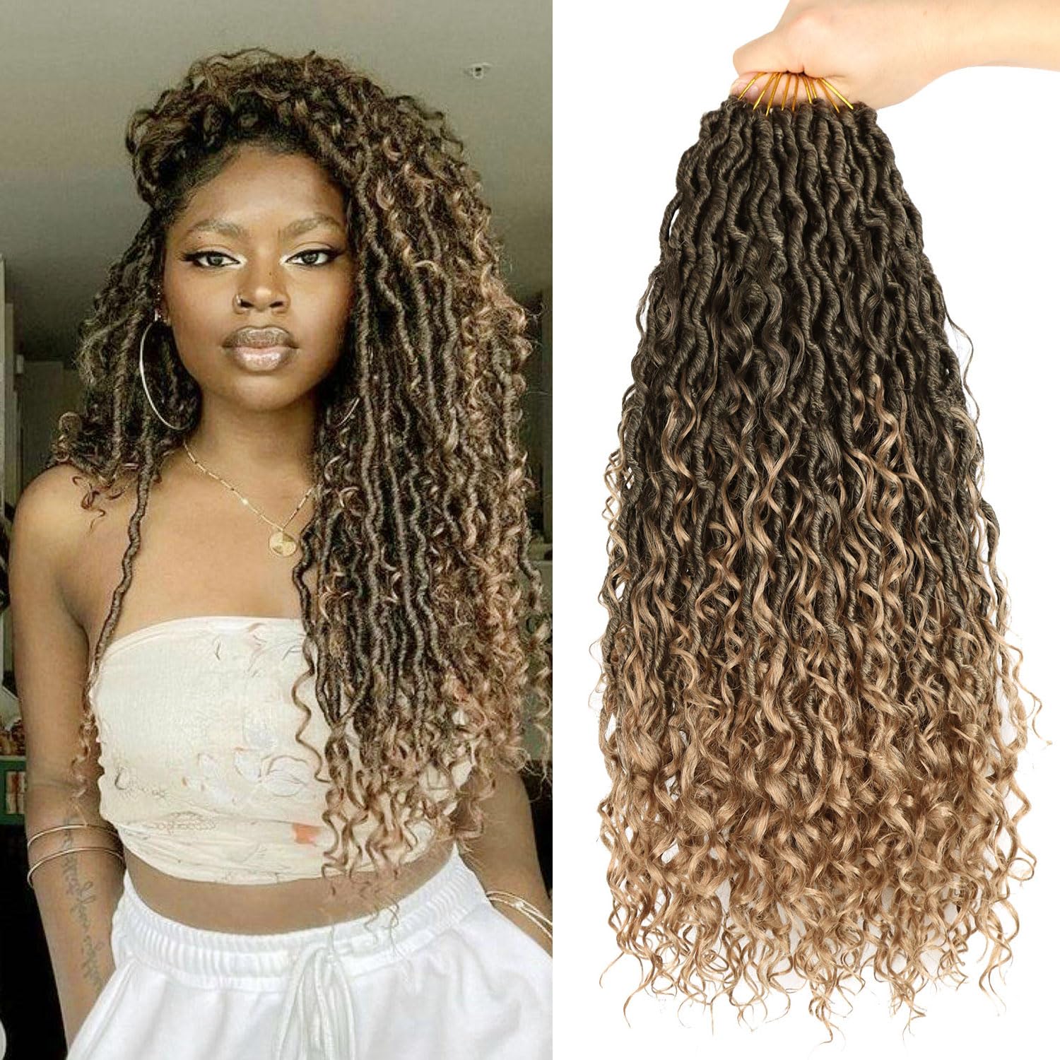 24 inch Goddess Locs Crochet Hair Pre Looped 8 Packs Boho Faux Locs Crochet Braids for Black Women Soft River Locs Crochet Hair with Curly Ends T350