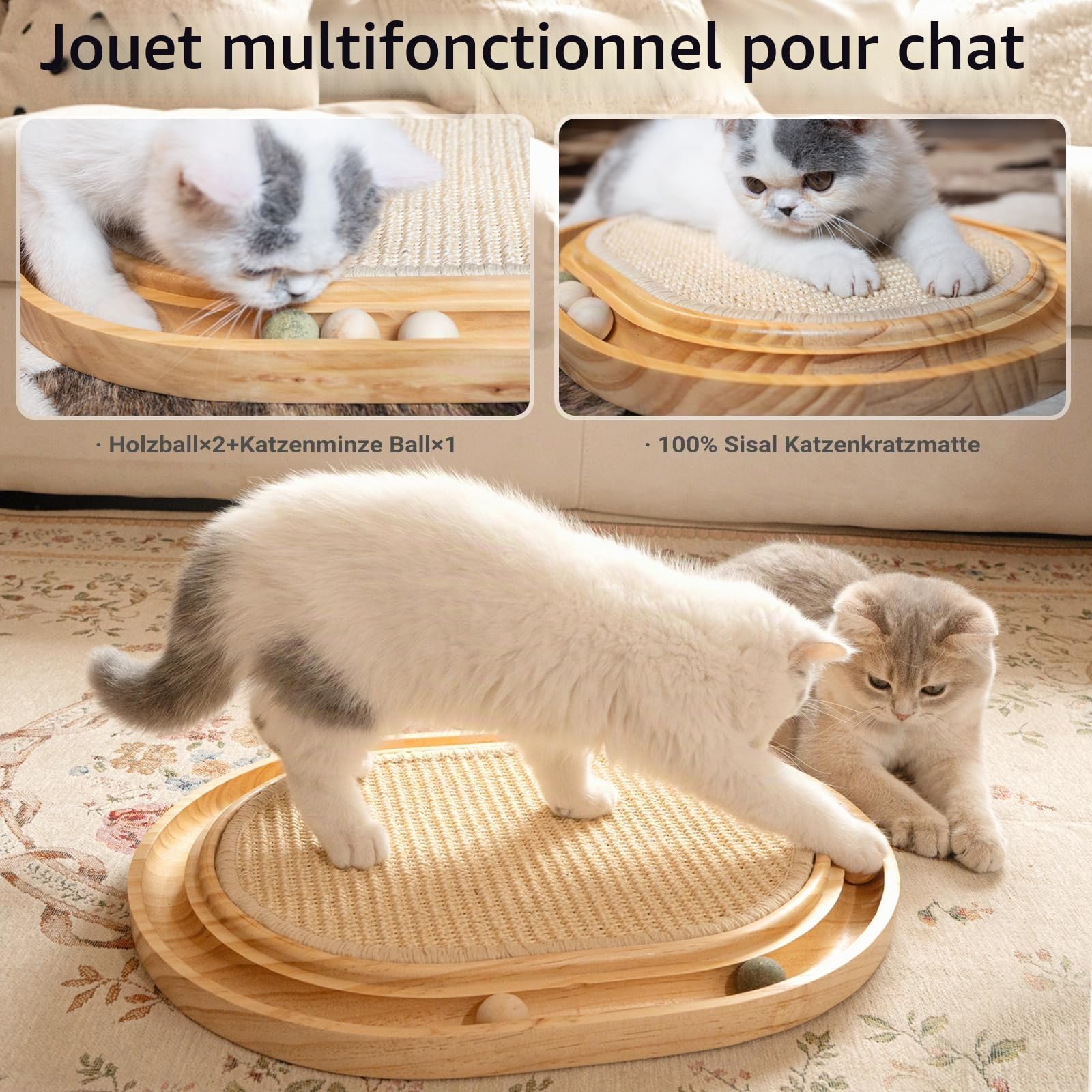 CheerPals Griffoir en sisal - 2 en 1 - Jouet pour chat - Pin massif et coussin en sisal naturel et boules d'herbe - 43 x 33 x 3 cm - Tapis griffoir pour tous les chat