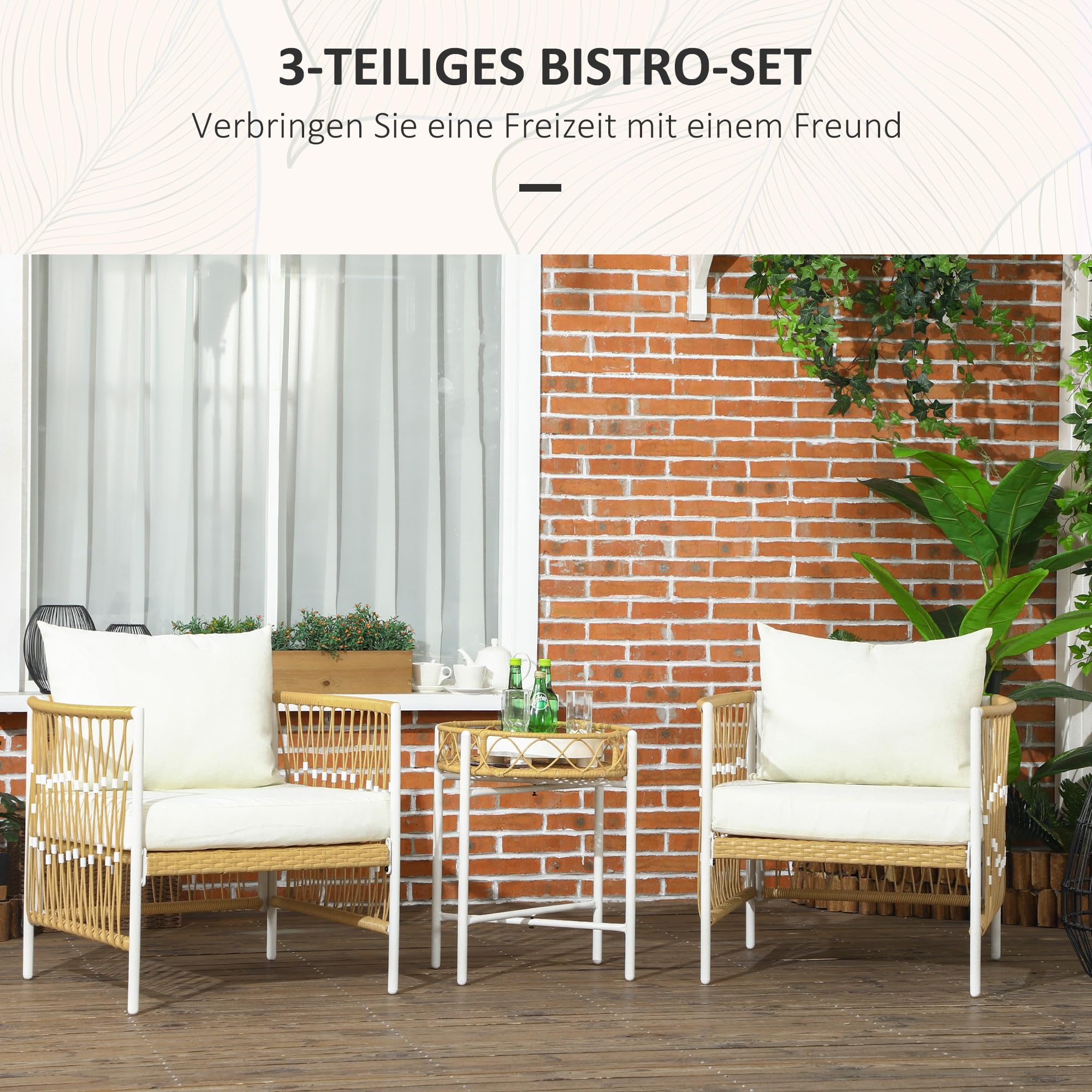 Outsunny Set de 3 Meubles de Jardin en Rotin avec 2 Chaises et Table Basse, Coussins Inclus, Jaune Crème
