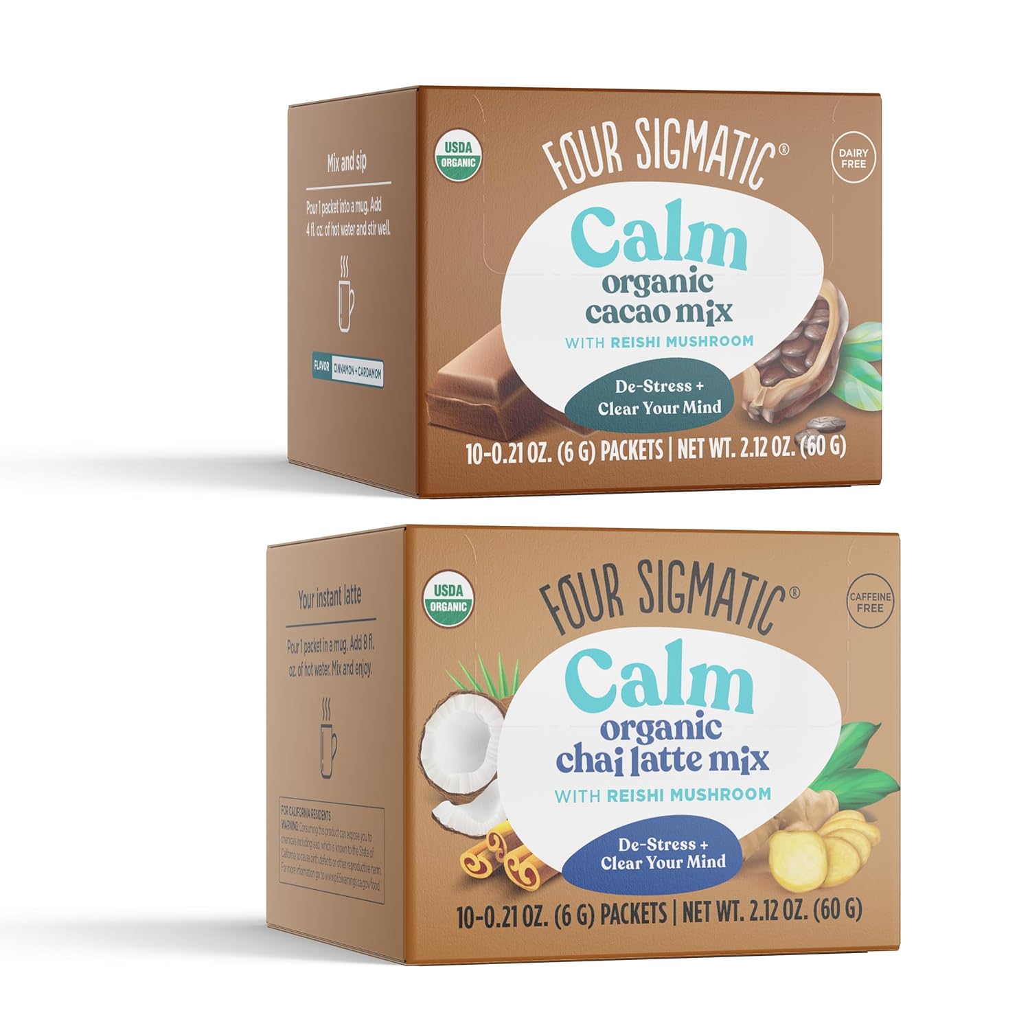 Four Sigmatic Calm Mushroom Cacao + Chai Latte Bundle | Organic Instant Cacao with Reishi to Support Calm, and Organic Instant Chai Latte with Turkey Tail, Reishi Mushrooms & Coconut Milk Powder